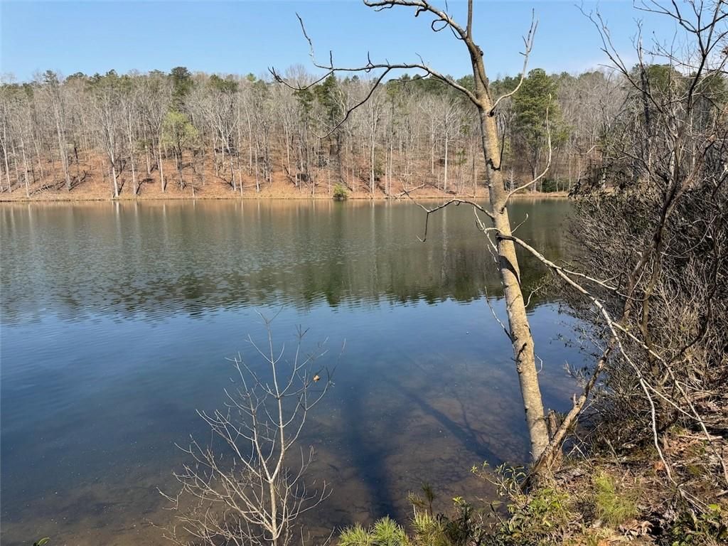 Scenic lake with bare trees and reflections under blue sky in The Bluffs, Canton, Georgia by Davidson Homes