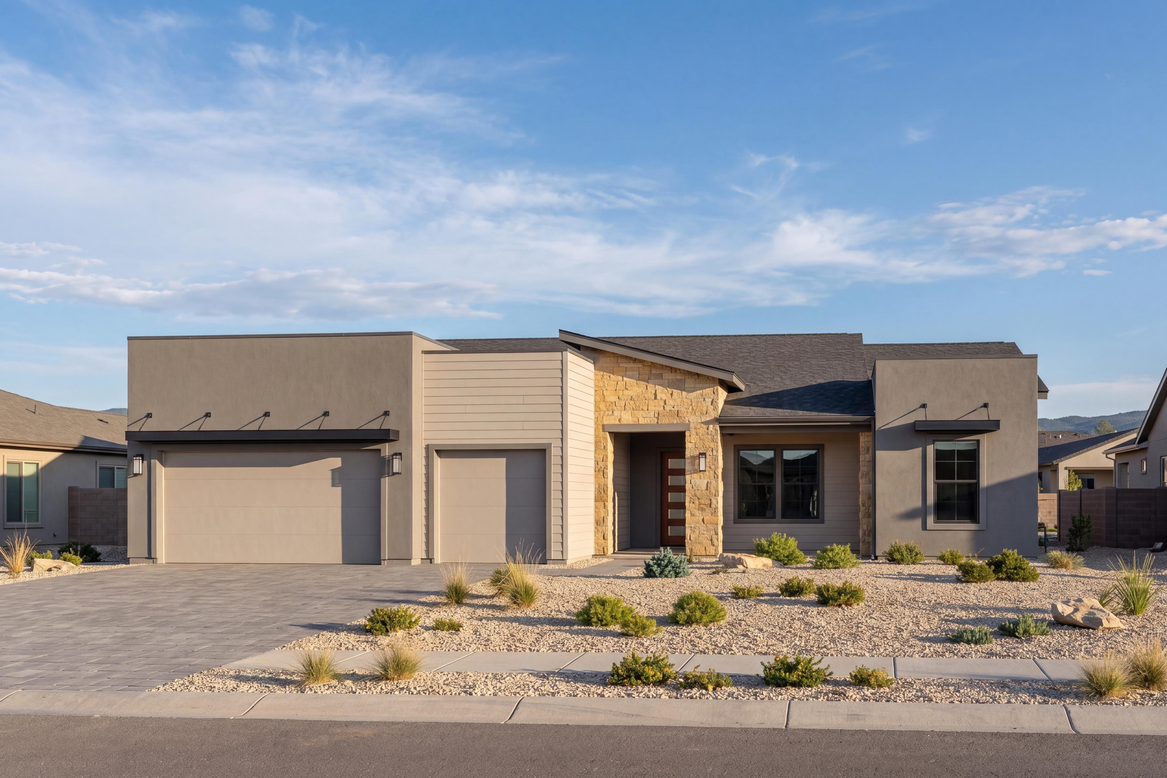 Modern exterior of The Blaze D single-family home in Prescott, featuring stone accents, siding, and a 3-car garage.