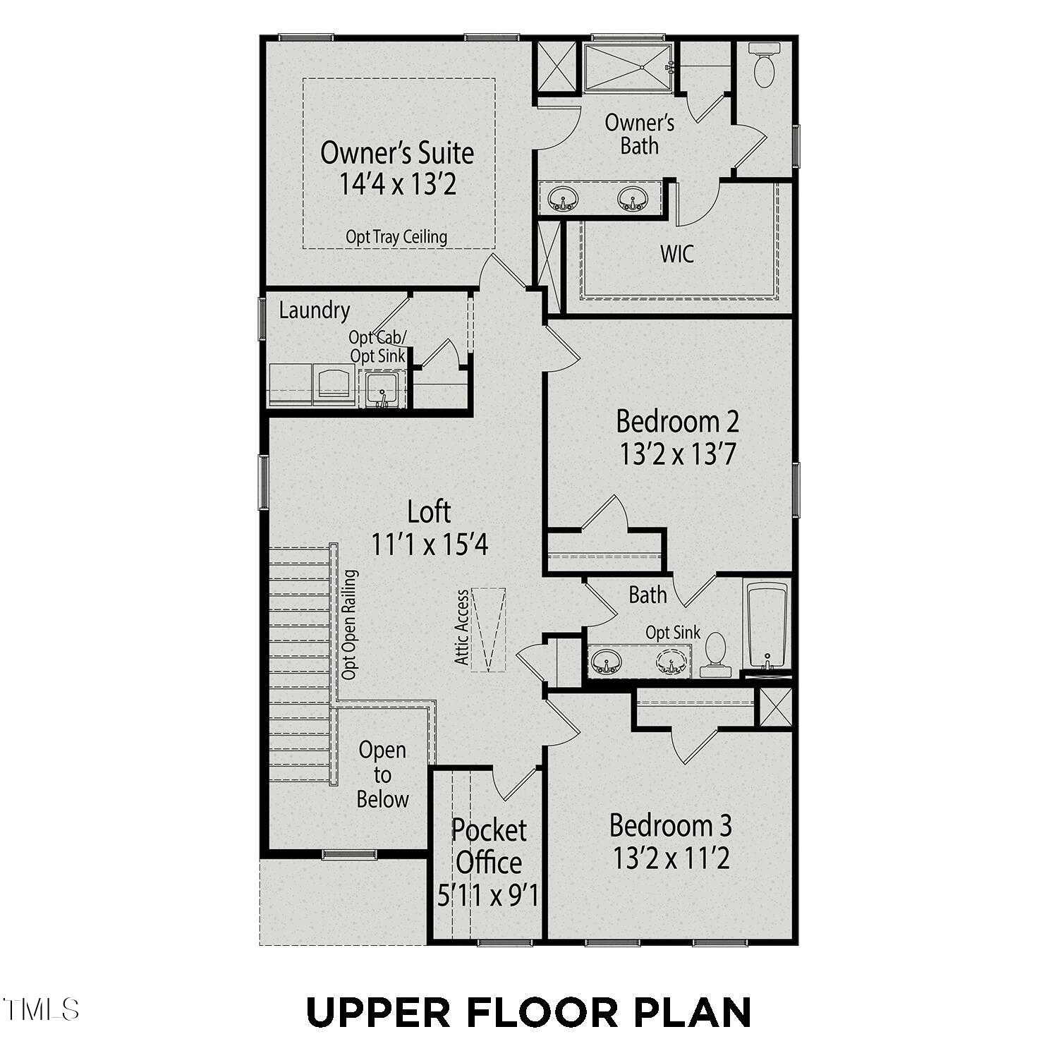 Upper floor plan of The Gavin B: spacious owner suite with tray ceiling, loft, two bedrooms, baths in 3-bed Davidson Homes, Lillington, NC