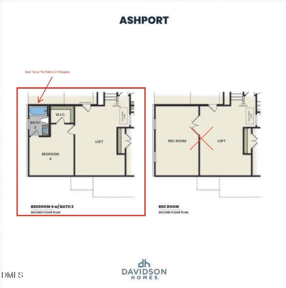 Second floor plan of Ashport L: Bedroom 4 with steel tub bath, loft, rec room in Davidson Homes, Wake Forest, NC