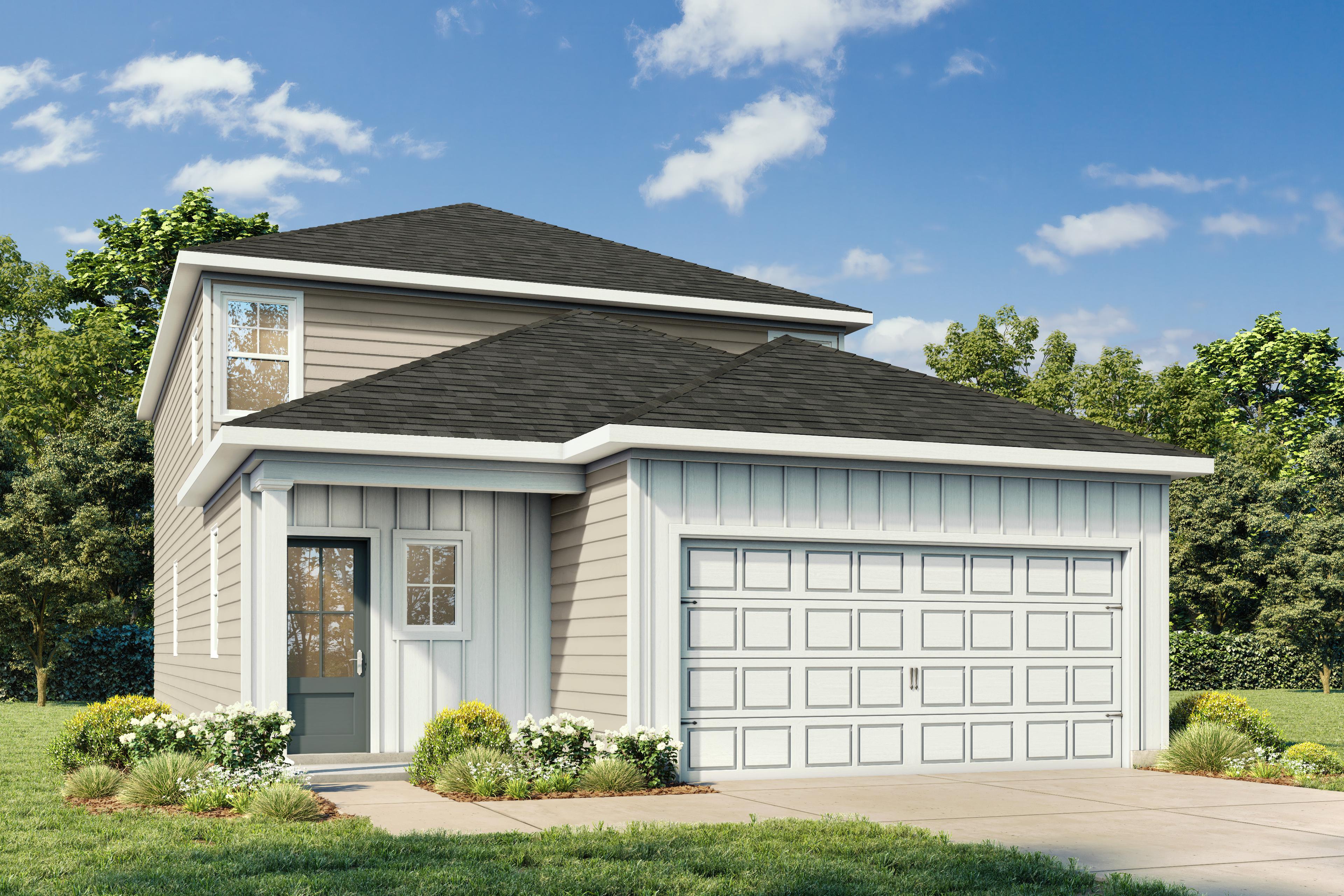 Two-story Pinecrest A home elevation with beige siding, white trim, two-car garage, and landscaped yard by Davidson Homes