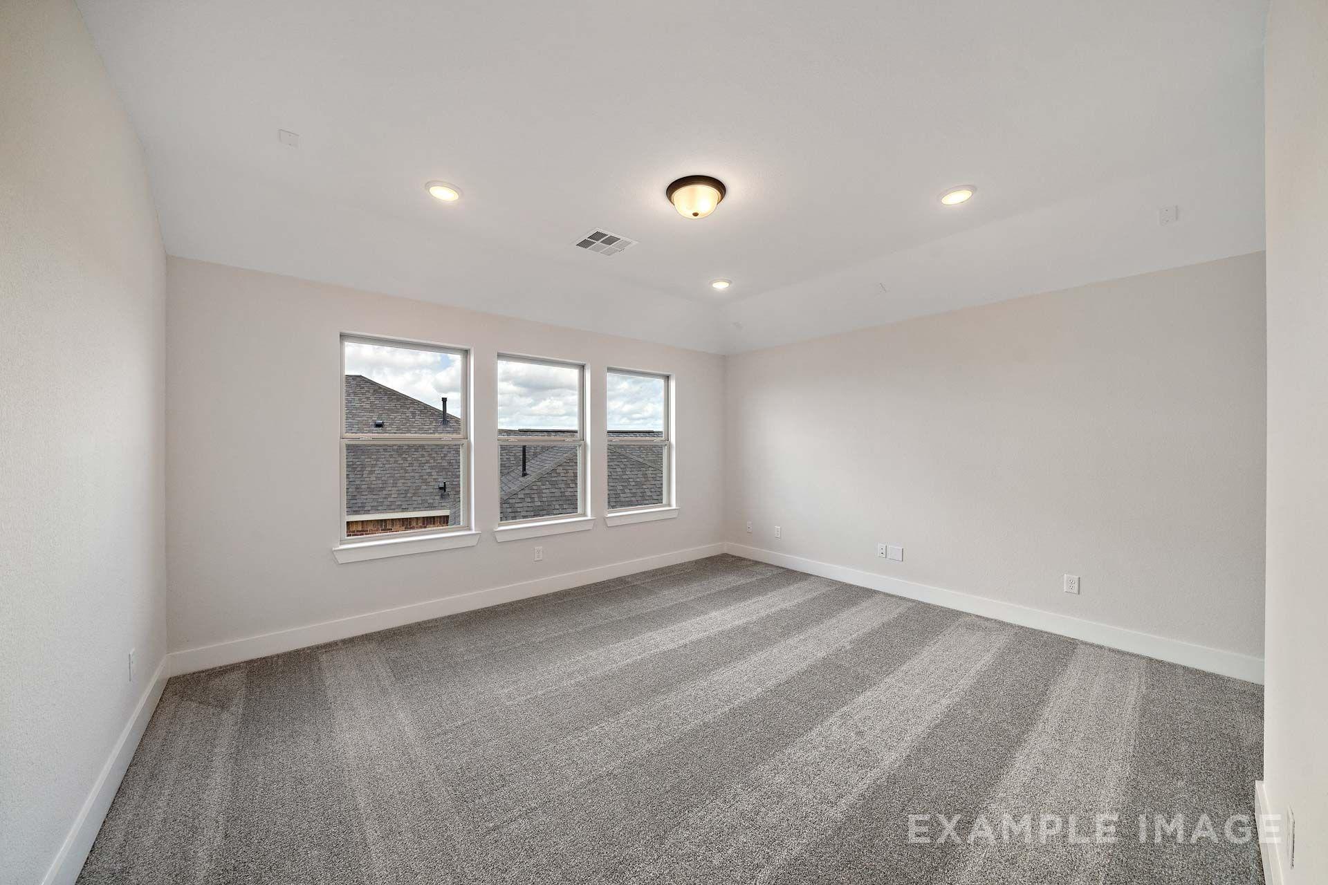 Spacious bedroom in The Victoria by Davidson Homes with gray carpet, three windows, and tray ceiling in Texas City, TX