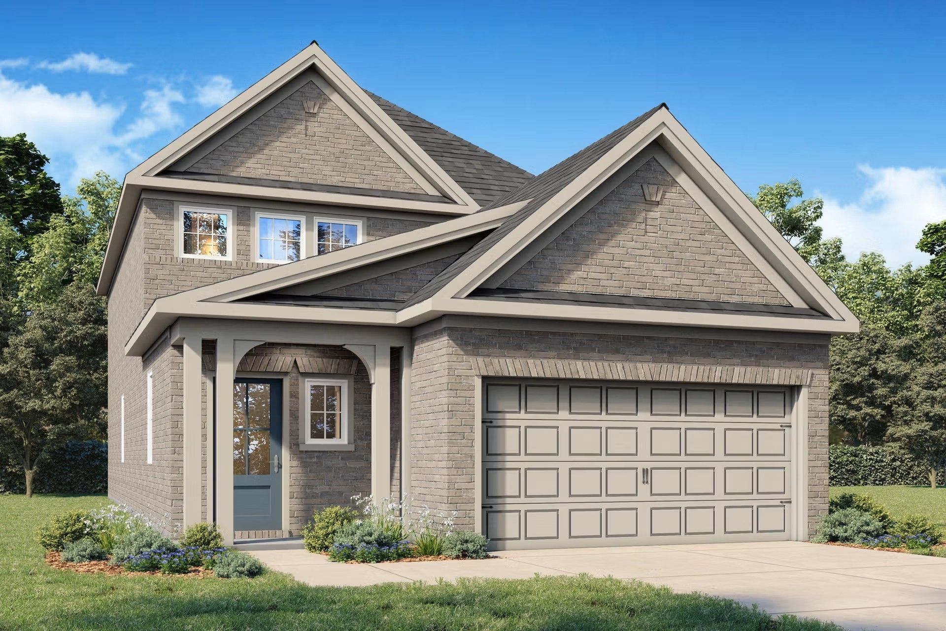 Two-story brick exterior of The Sabine H floor plan by Davidson Homes with a two-car garage in Heartland, Texas.