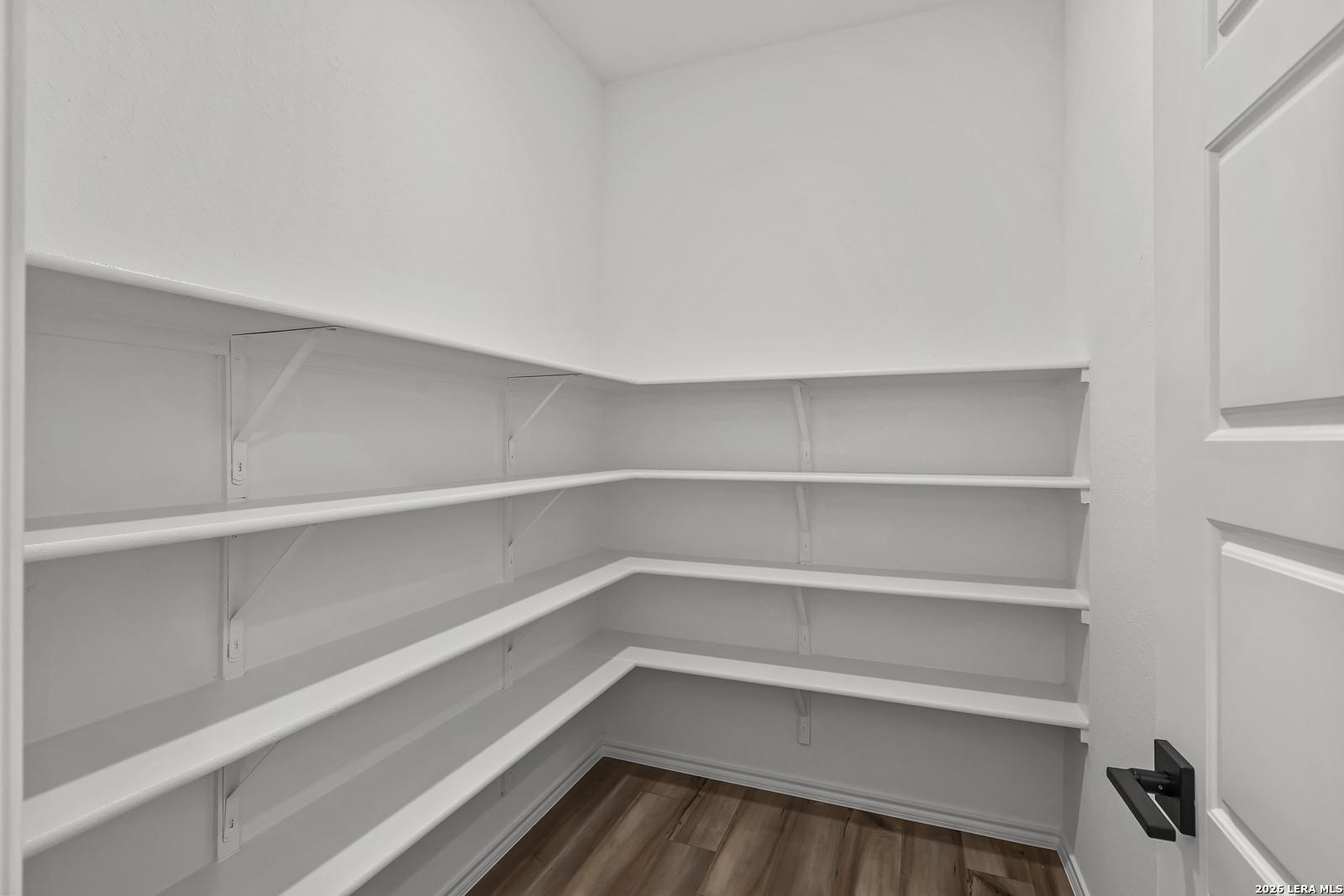 Walk-in pantry with white wrap-around shelving in The Gillian C floor plan at Meadows at Oak Creek, San Antonio, Texas.