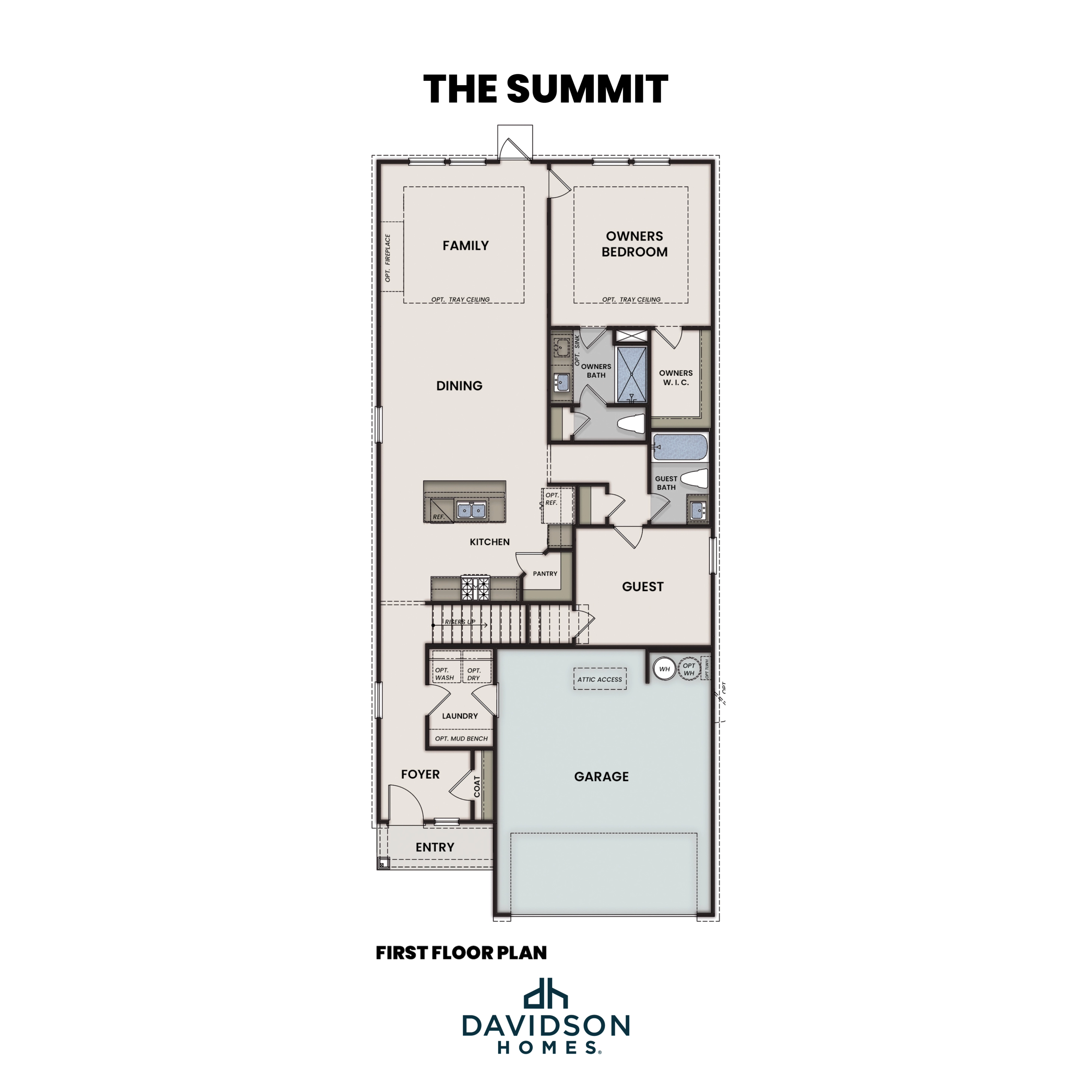 The Summit first floor plan by Davidson Homes: owner's suite, open kitchen-dining-family areas, guest bath, 2-car garage