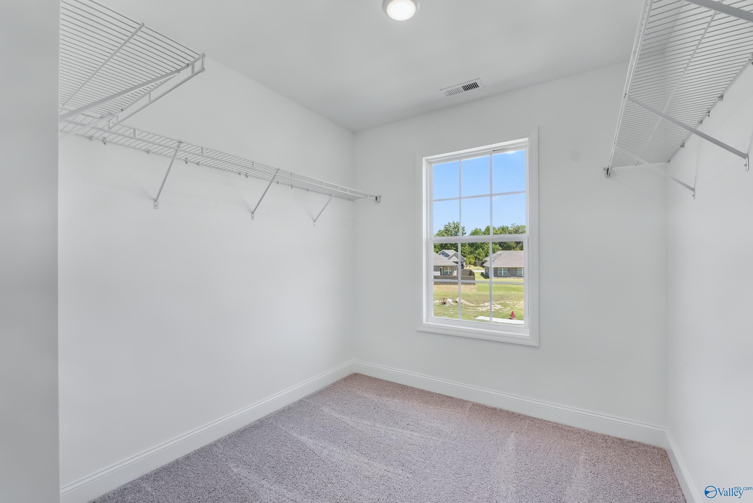 Spacious walk-in closet with white wire shelving, carpeted floor, and window view of backyard in Davidson Homes The Shelby A, Arab, Alabama