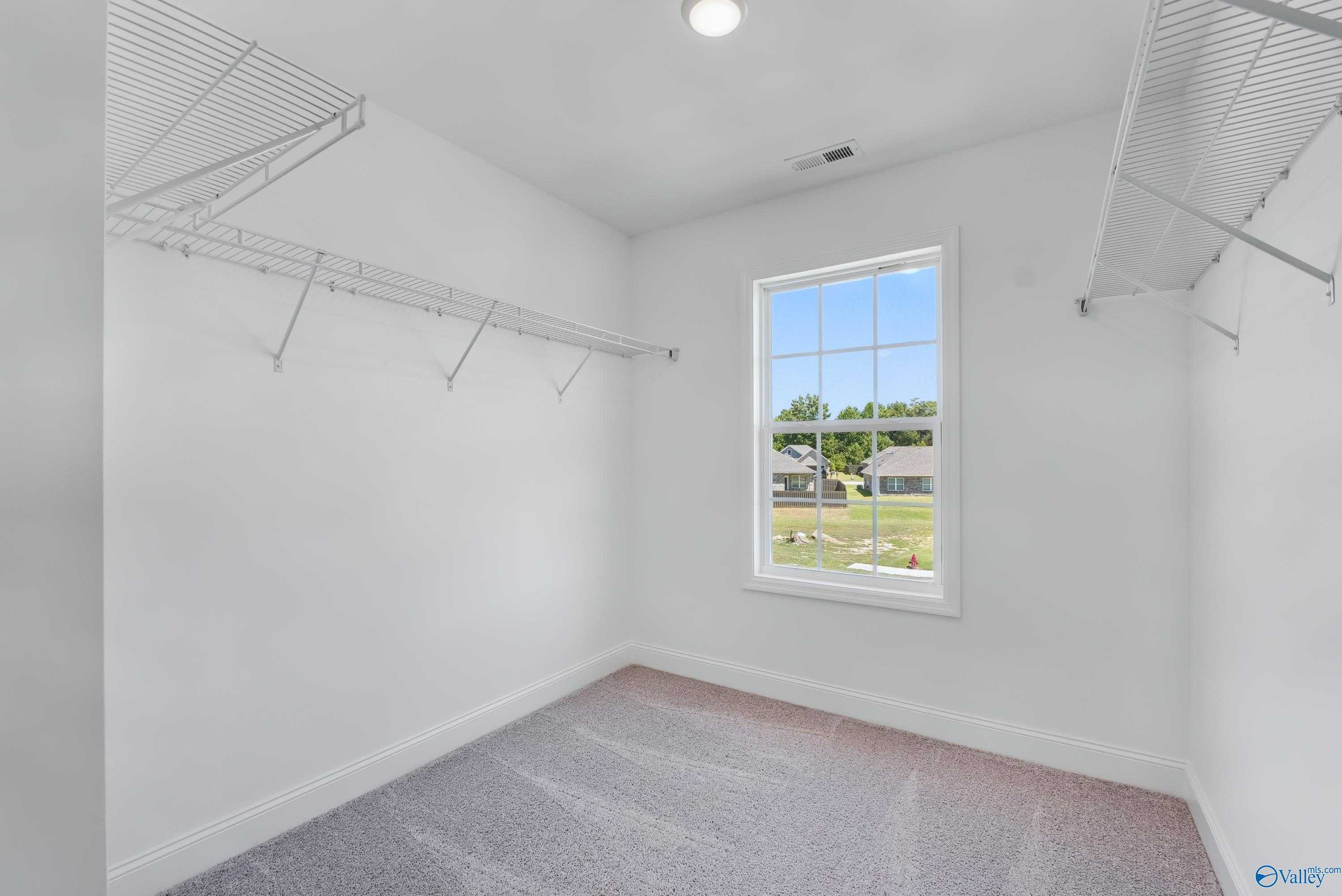 Spacious walk-in closet with white wire shelving, carpeted floor, and window view of backyard in Davidson Homes The Shelby A, Arab, Alabama