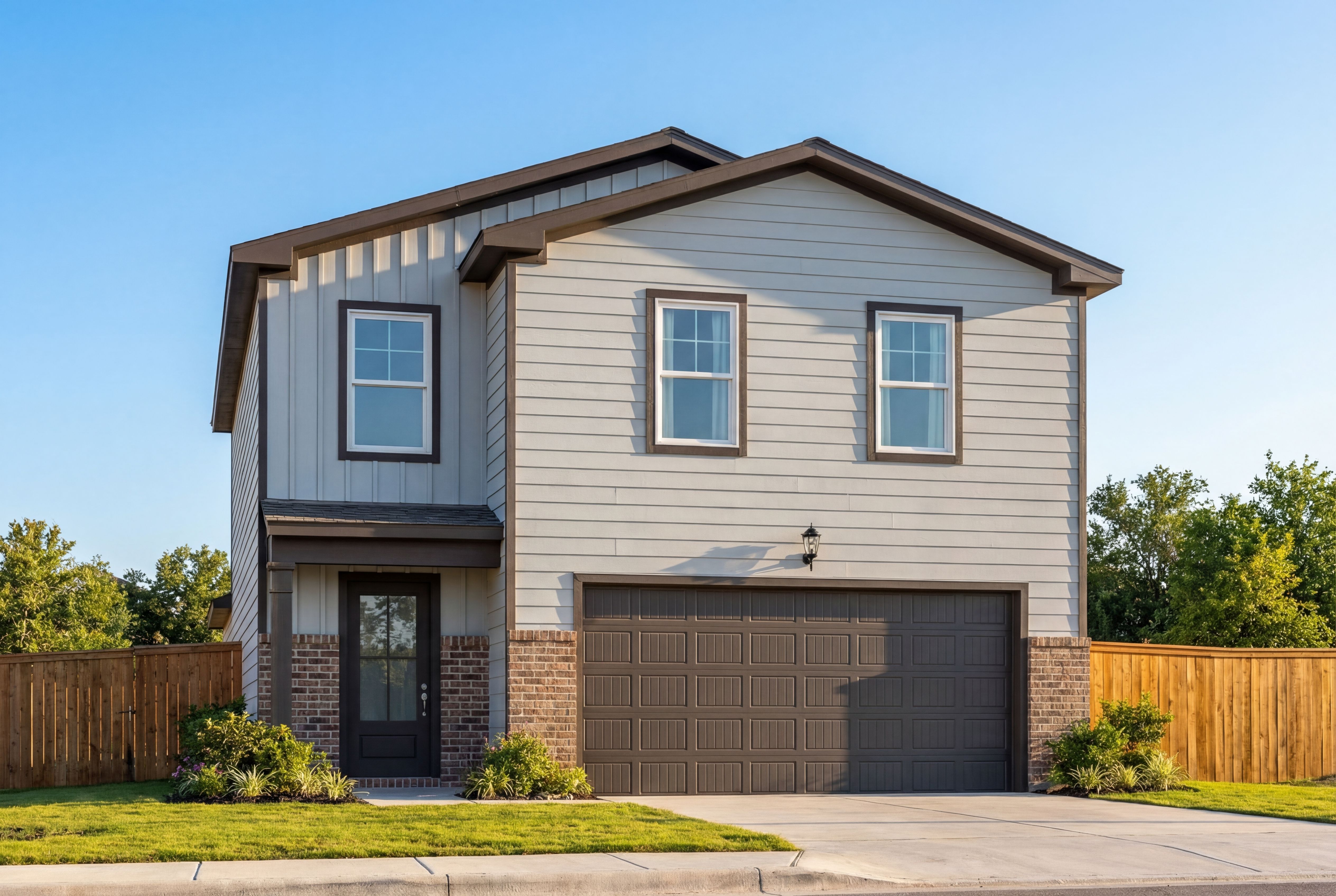 Two-story The Brazos B home elevation with beige siding, brown trim, 2-car garage, front porch, and lush landscaping in San Antonio