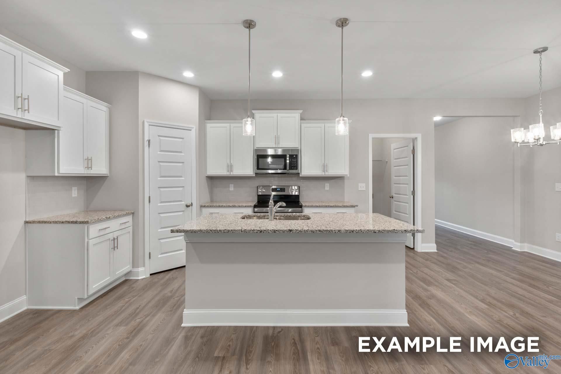 Modern open-concept kitchen with white cabinets, quartz island, stainless appliances in Davidson Homes The Camilla C, Hartselle, AL