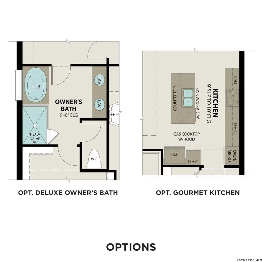 Deluxe owner's bath floor plan with soaking tub, walk-in shower, and dual vanities; gourmet kitchen with island in Davidson Homes The Sequoia C, Converse, Texas