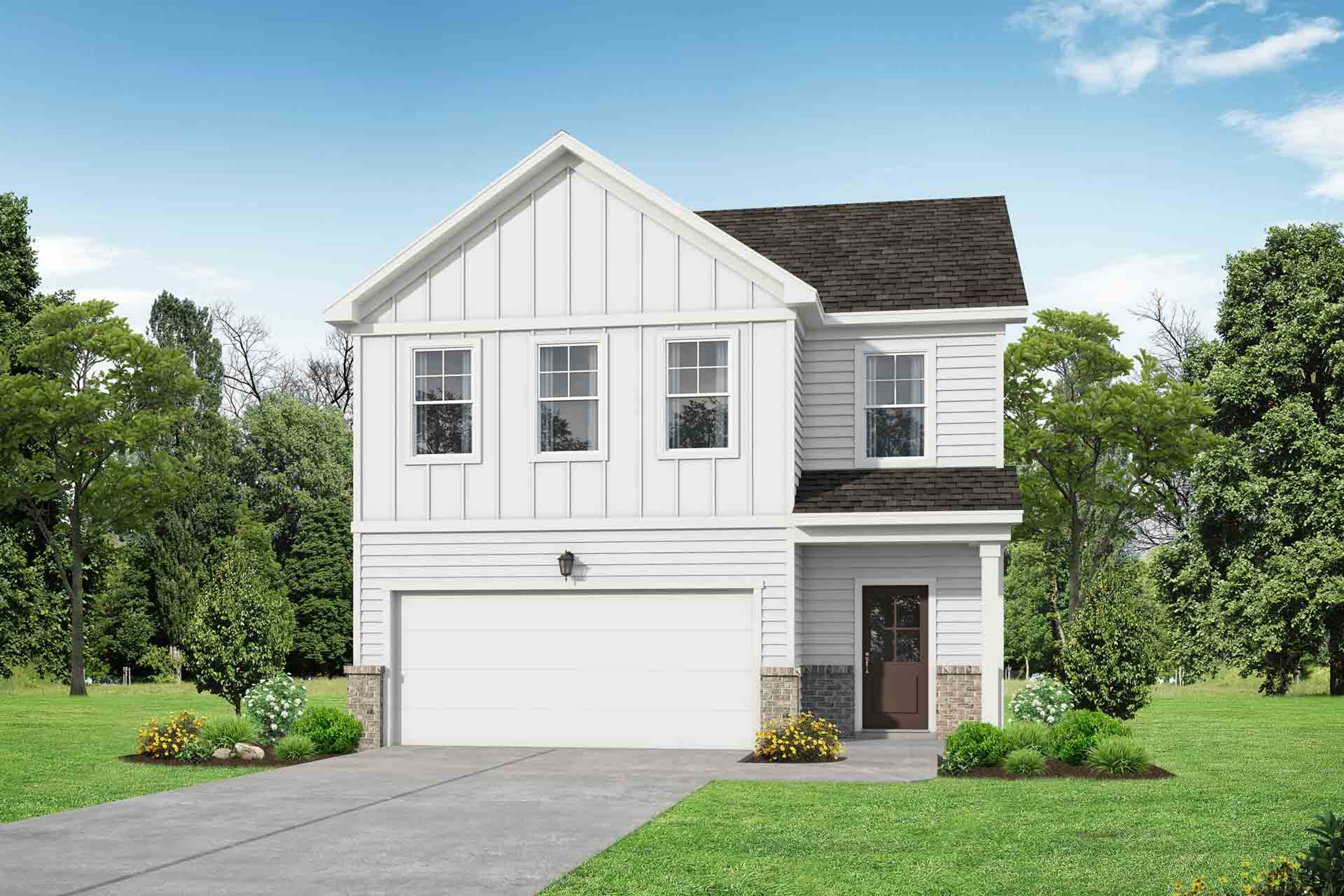 Two-story The Grayson C home design by Davidson Homes featuring white board and batten siding, two-car garage, front porch, and lush landscaping