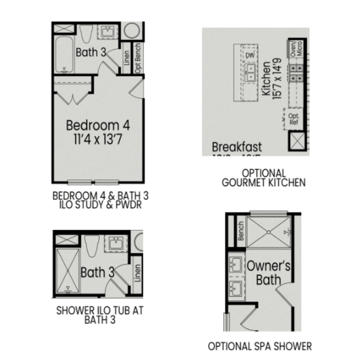 Third floor plan of The Mitchell showcasing bedroom 4, bath 3, optional gourmet kitchen, and owner's spa shower suite