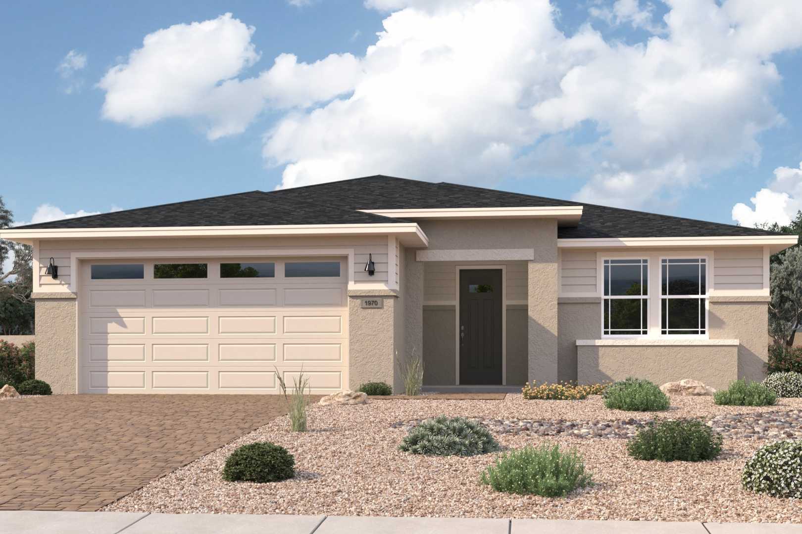 Modern single-story The Sheridan II home elevation in Prescott AZ, tan stucco exterior, 2-car garage, desert rock landscaping