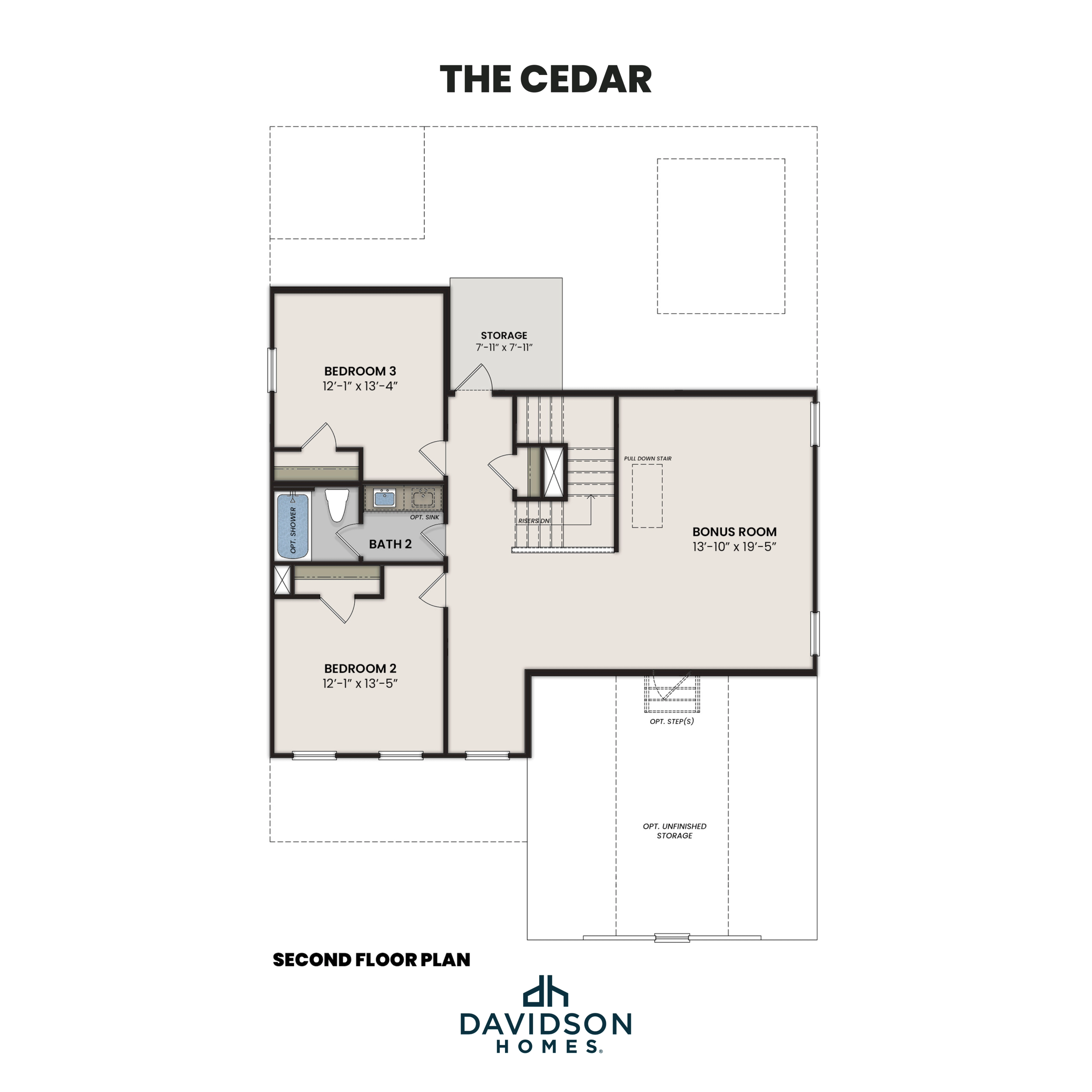 The Cedar second floor plan by Davidson Homes featuring bedrooms 2 and 3, shared bath 2, 15x10 bonus room, storage