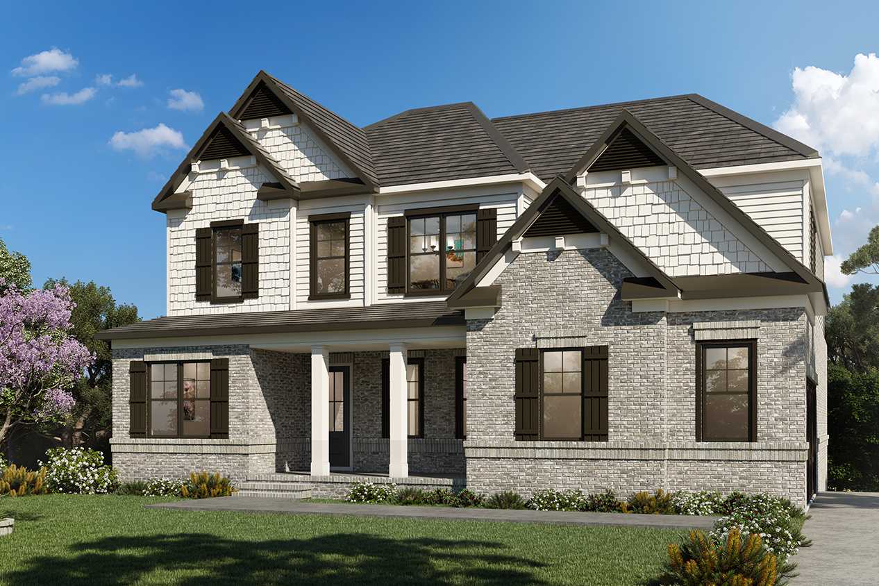 Three-story Arlington A home elevation by Davidson Homes featuring brick base, white siding, shutters, and covered porch in East Cobb