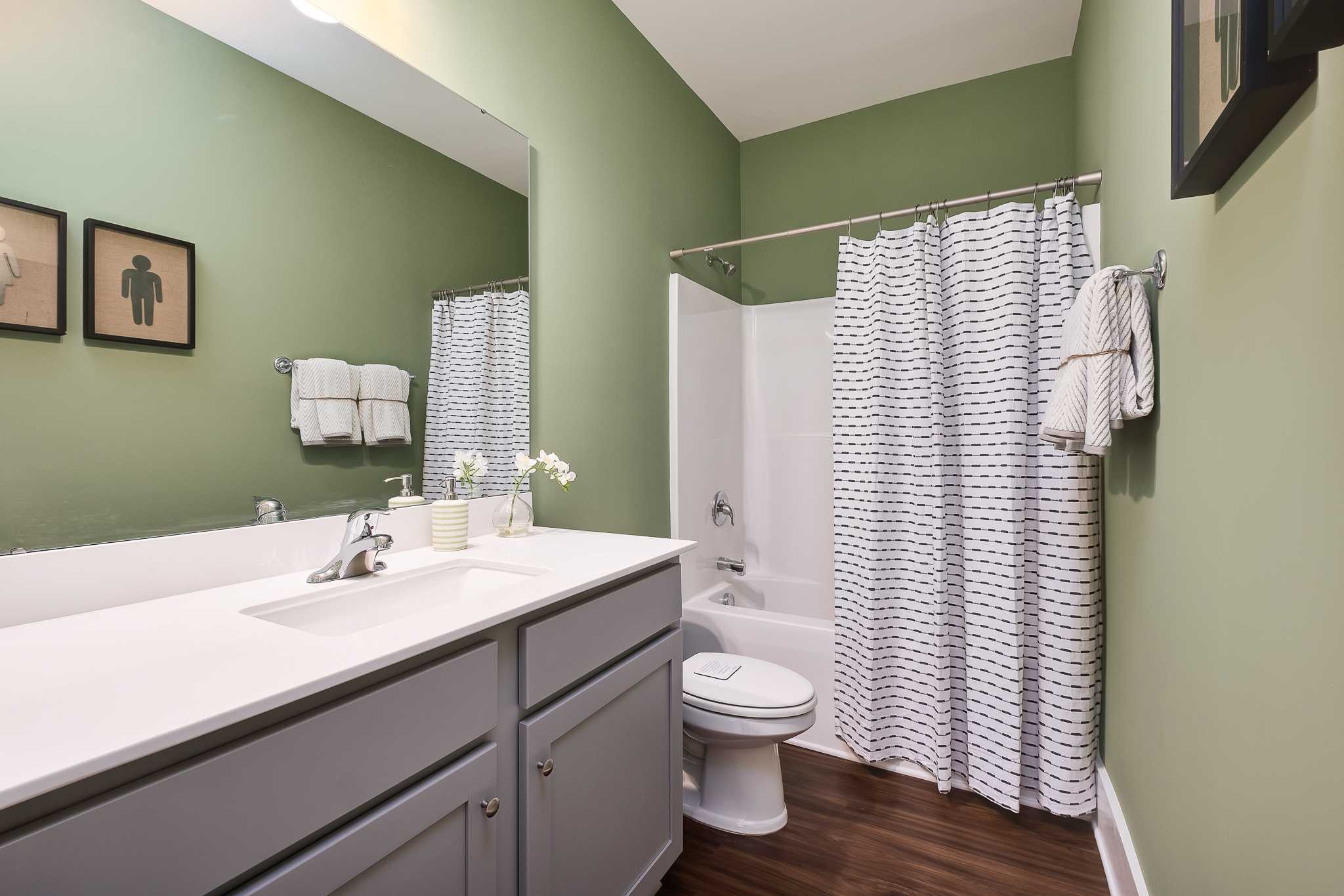 Contemporary bathroom with green walls, white subway tile shower, gray cabinetry, and hardwood floors in Magnolia Preserve, Hartselle Alabama