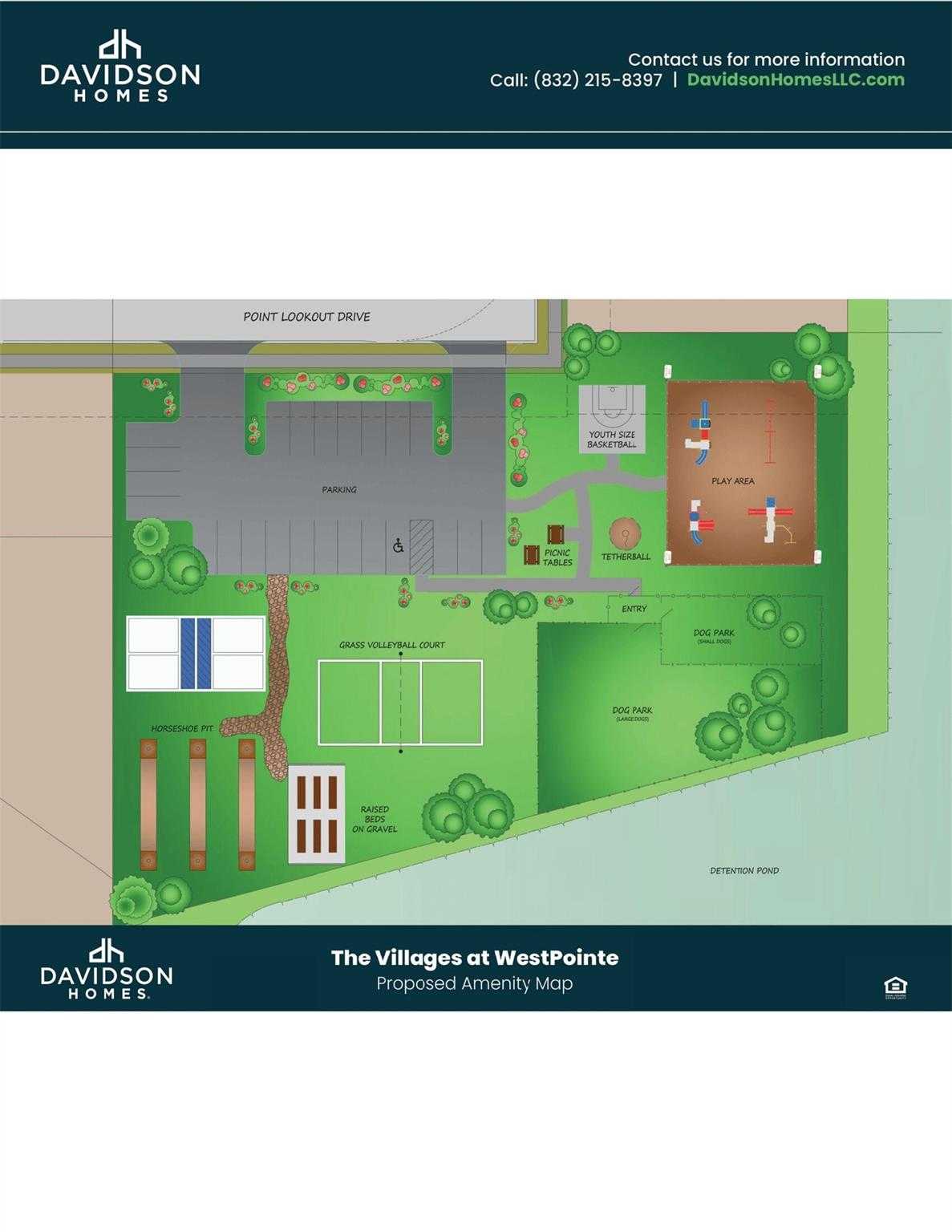 Proposed amenity map for The Villages at WestPointe, Dayton Texas: playground, basketball court, parking lots, green spaces along Point Lookout Drive by Davidson Homes