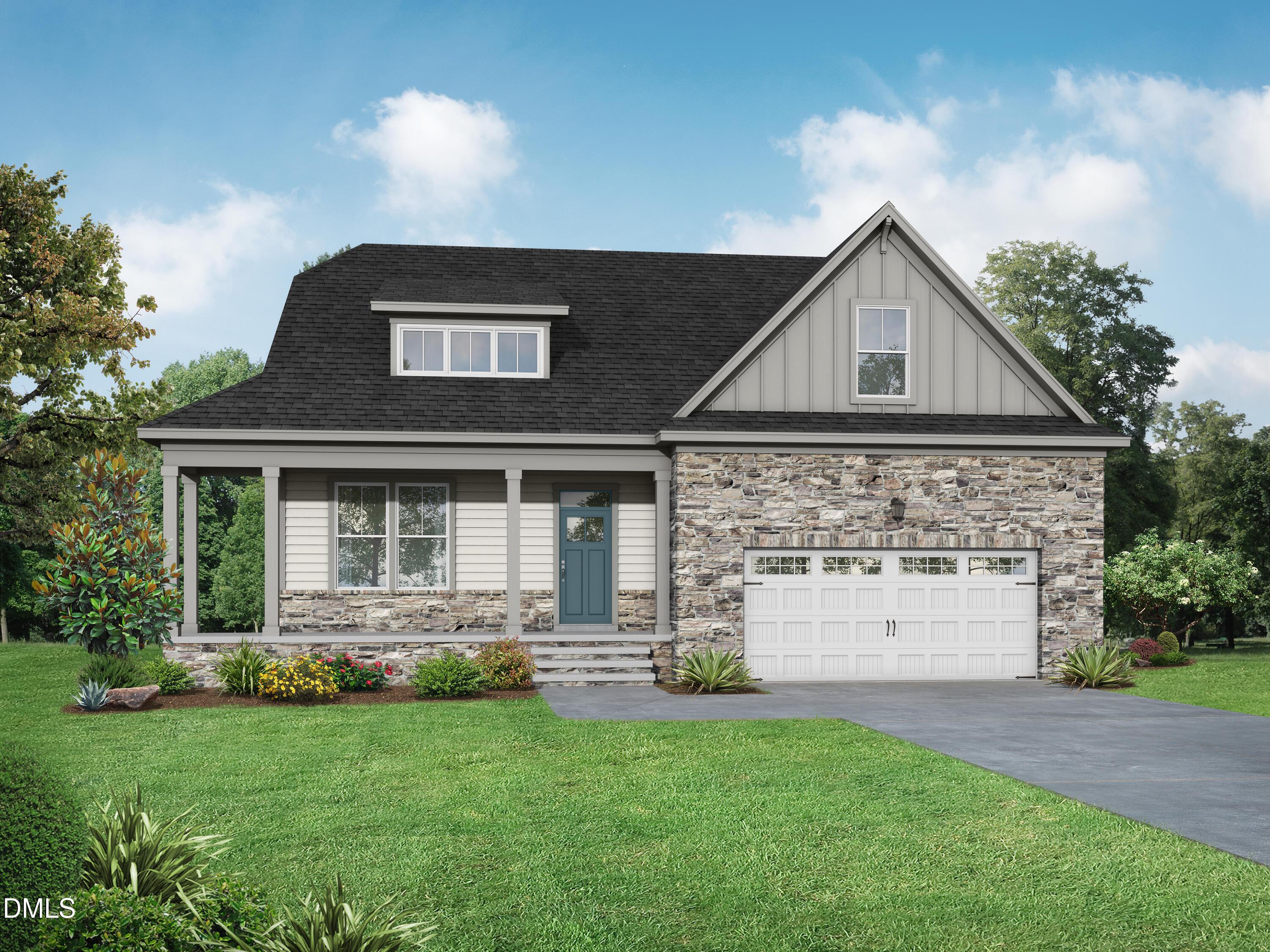 Modern 2-story Cypress B II home by Davidson Homes featuring stone accents, covered porch, blue door, and 3-car garage in Tobacco Road, Angier, NC