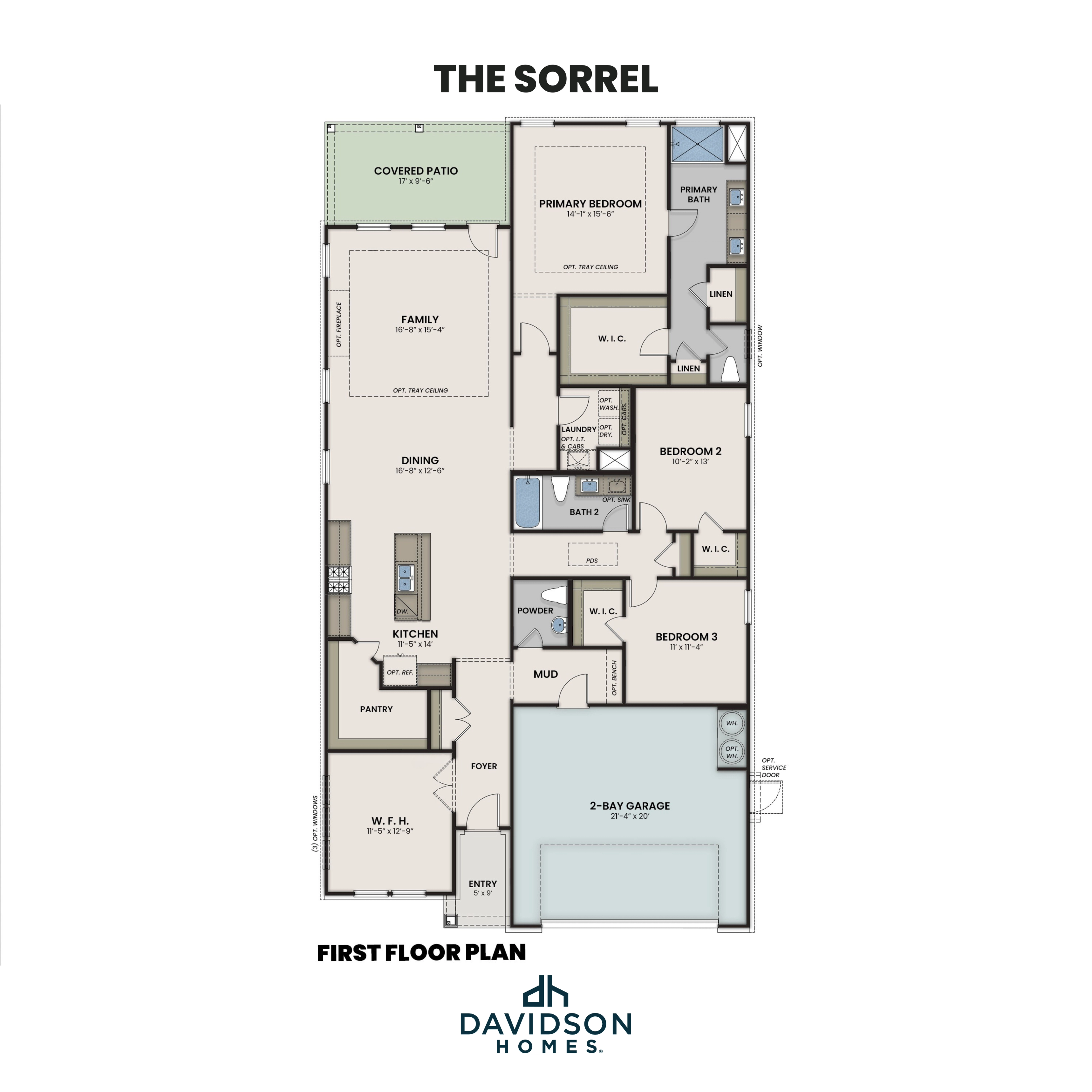 The Sorrel first floor plan by Davidson Homes: 3-4 bed, 2-3.5 bath open layout with primary suite, kitchen, family room, dining, 2-car garage