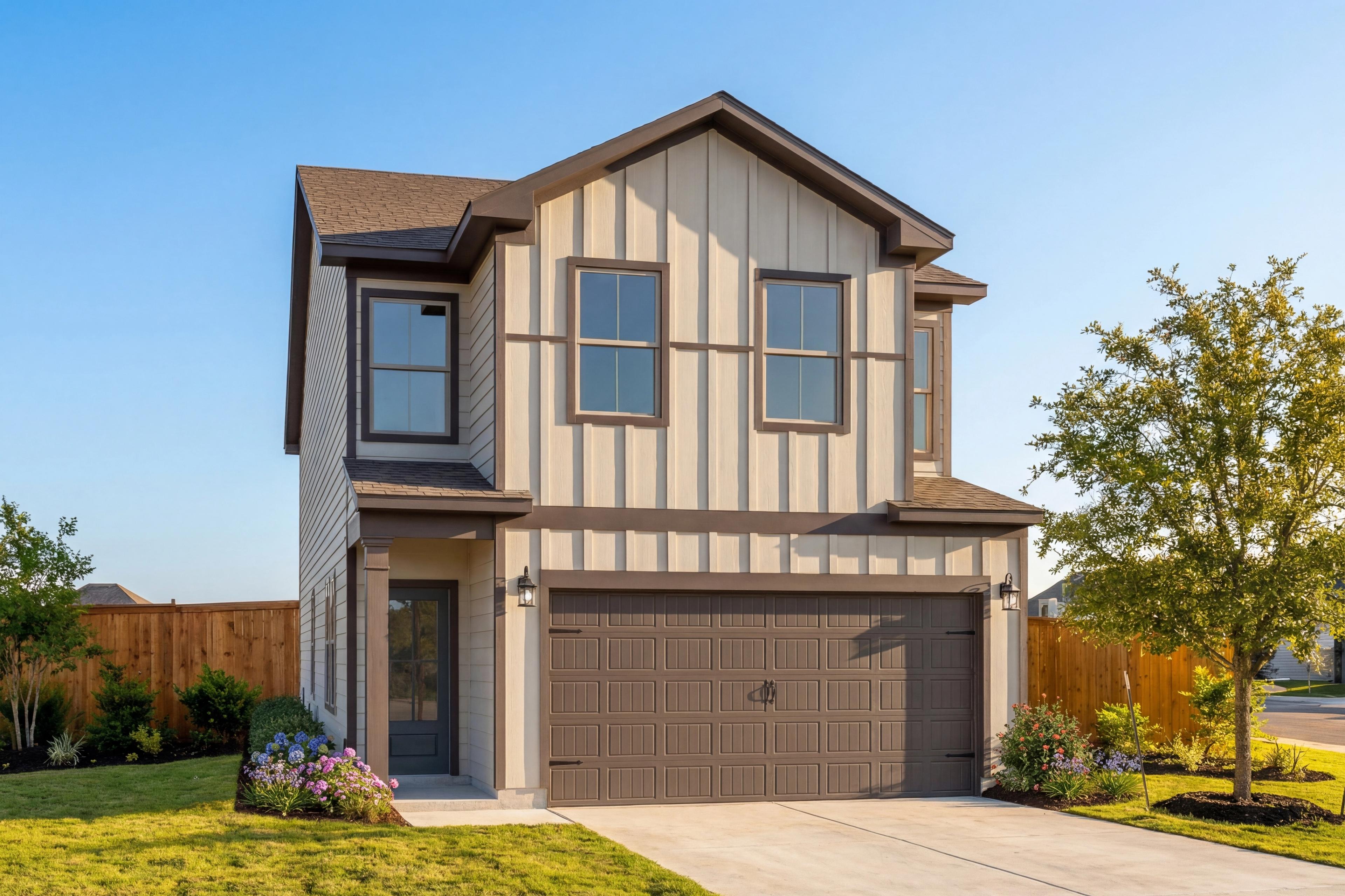 Two-story Charlotte D home exterior with beige siding, brown trim, two-car garage, large windows, and landscaped front yard in San Antonio
