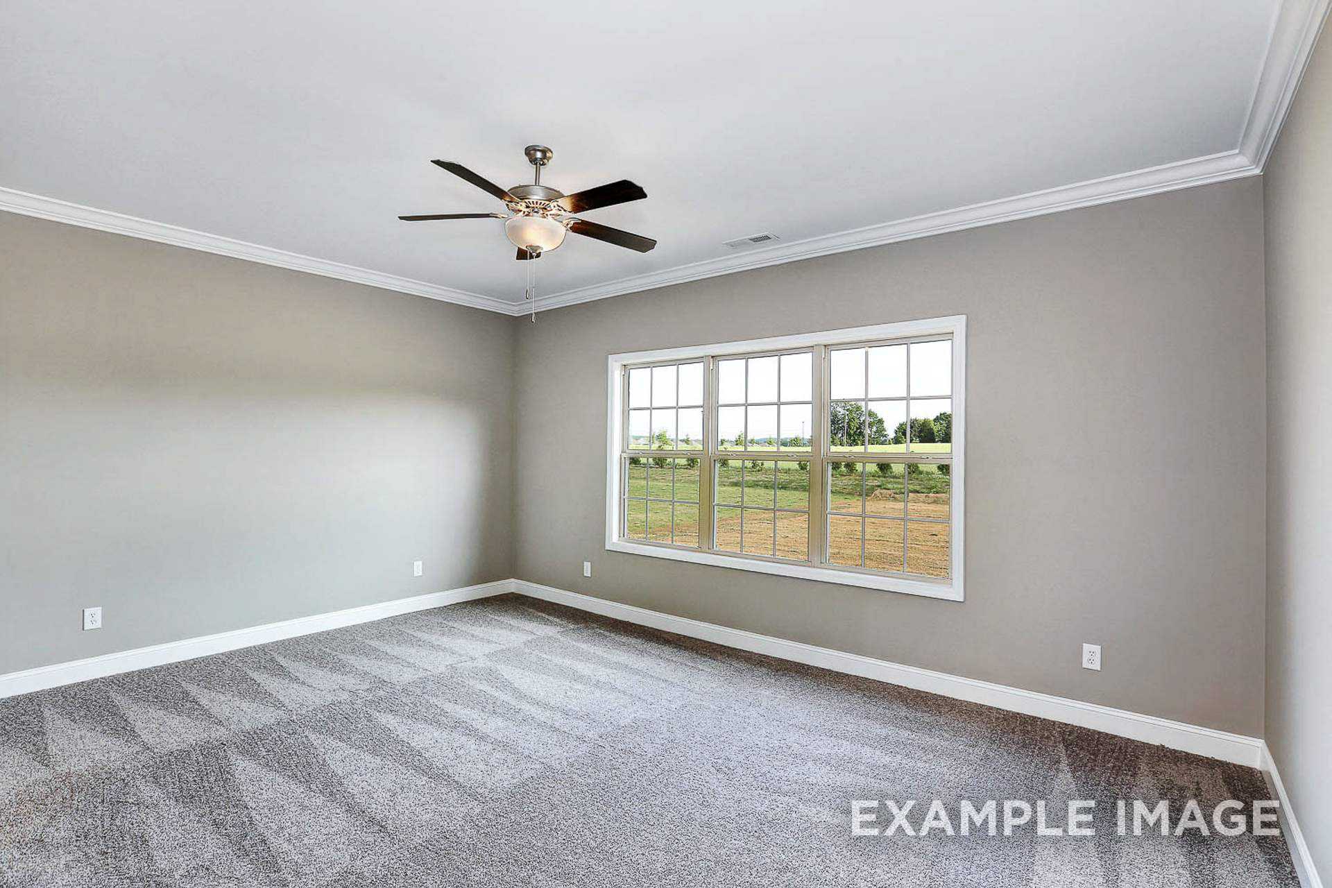 Spacious bonus room in The Montgomery B home featuring ceiling fan, large window overlooking green field, gray walls, beige carpet
