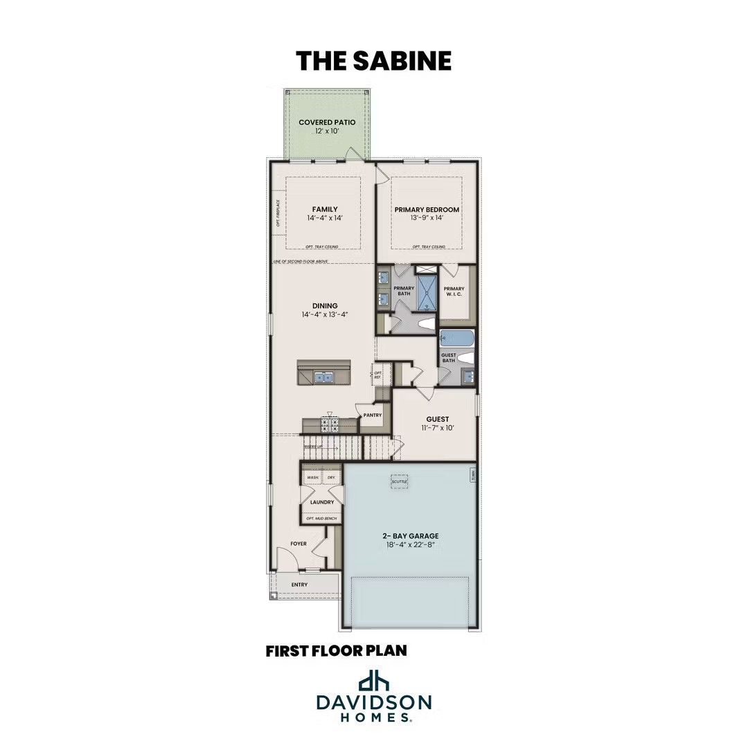 First floor plan of The Sabine H model by Davidson Homes in Heartland, Texas, featuring a 2-car garage and guest suite.