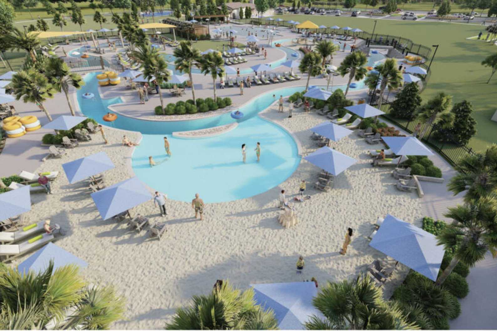 Resort-style pool at Sierra Vista in Rosharon TX with lazy river, blue umbrellas, palm trees and loungers