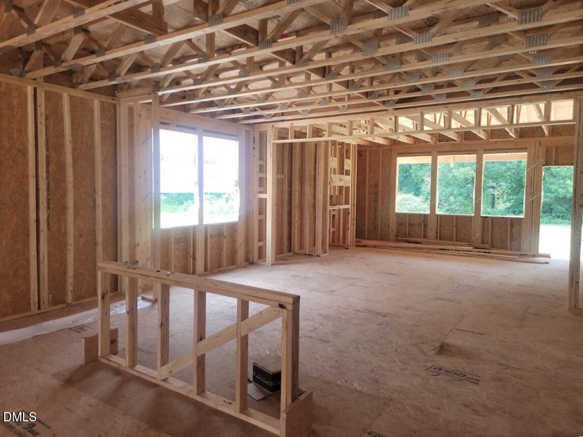 Wooden framing interior of The Birch II A floor plan under construction at Tobacco Road, Angier, North Carolina.