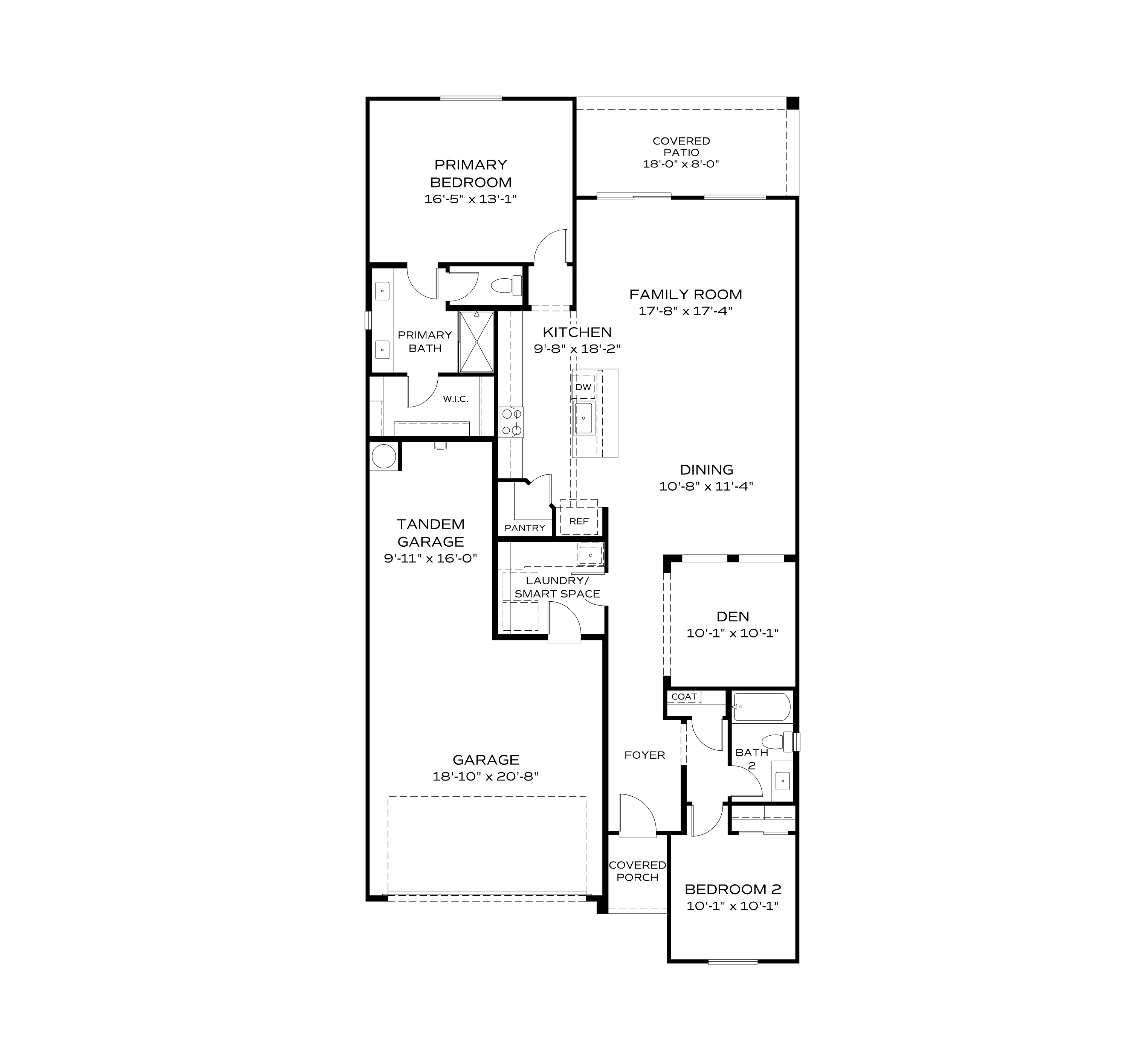 The Frontier II floor plan: 1-story layout with primary suite, open kitchen-family room, dining, den, tandem 2-car garage in Prescott AZ
