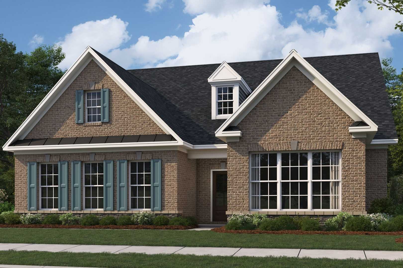 Two-story brick elevation of The Oxford home design with gabled roof, blue shutters, and landscaped front yard