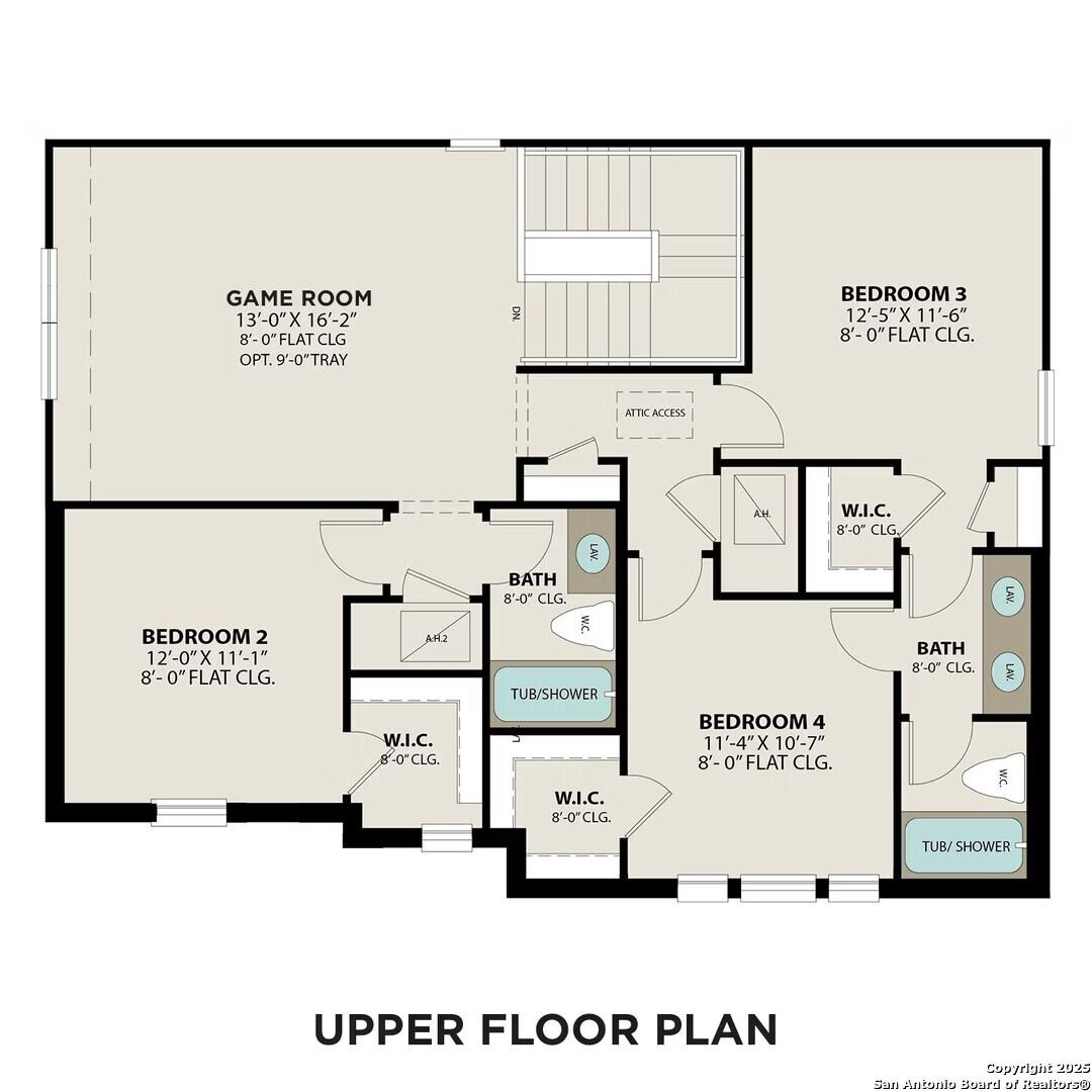 Upper floor plan of The Sequoia B Davidson Homes: 4 bedrooms, game room, 3 baths in Bricewood San Antonio TX