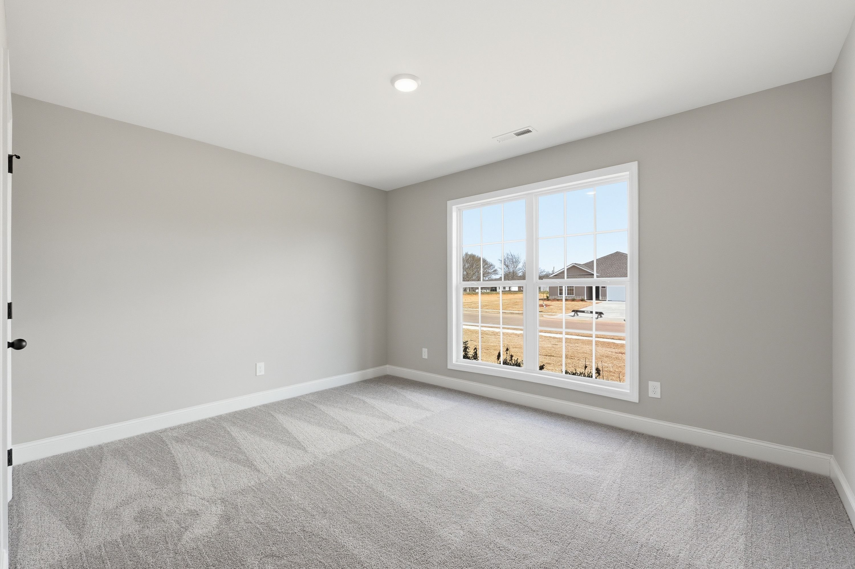 Spacious empty bedroom in The Daphne V with gray walls, carpet, and large window overlooking rural field in Meridianville