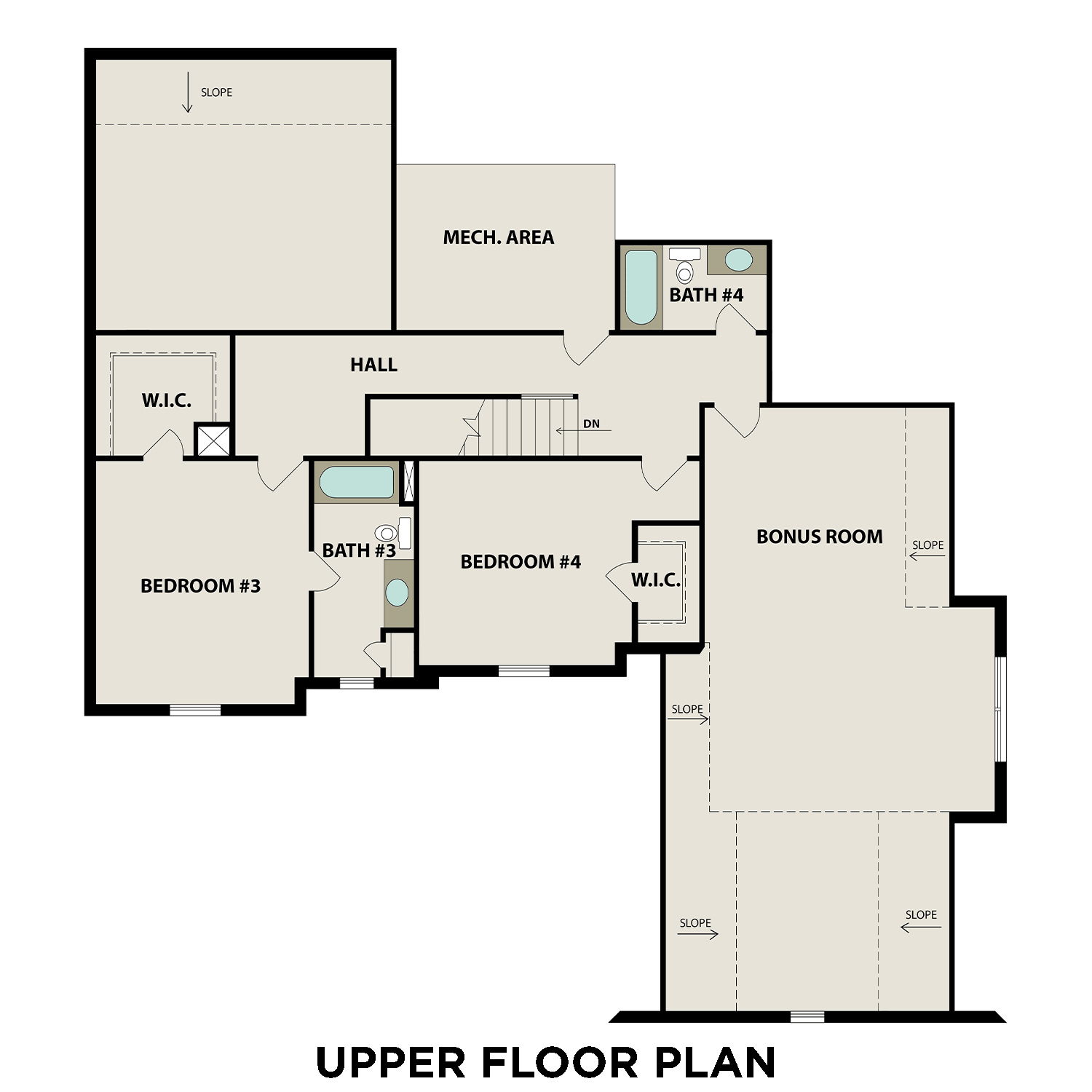 Upper floor plan of The Hawkins 4-bedroom home featuring bedrooms 3 & 4, baths, bonus room, and mechanical area in Murfreesboro, TN