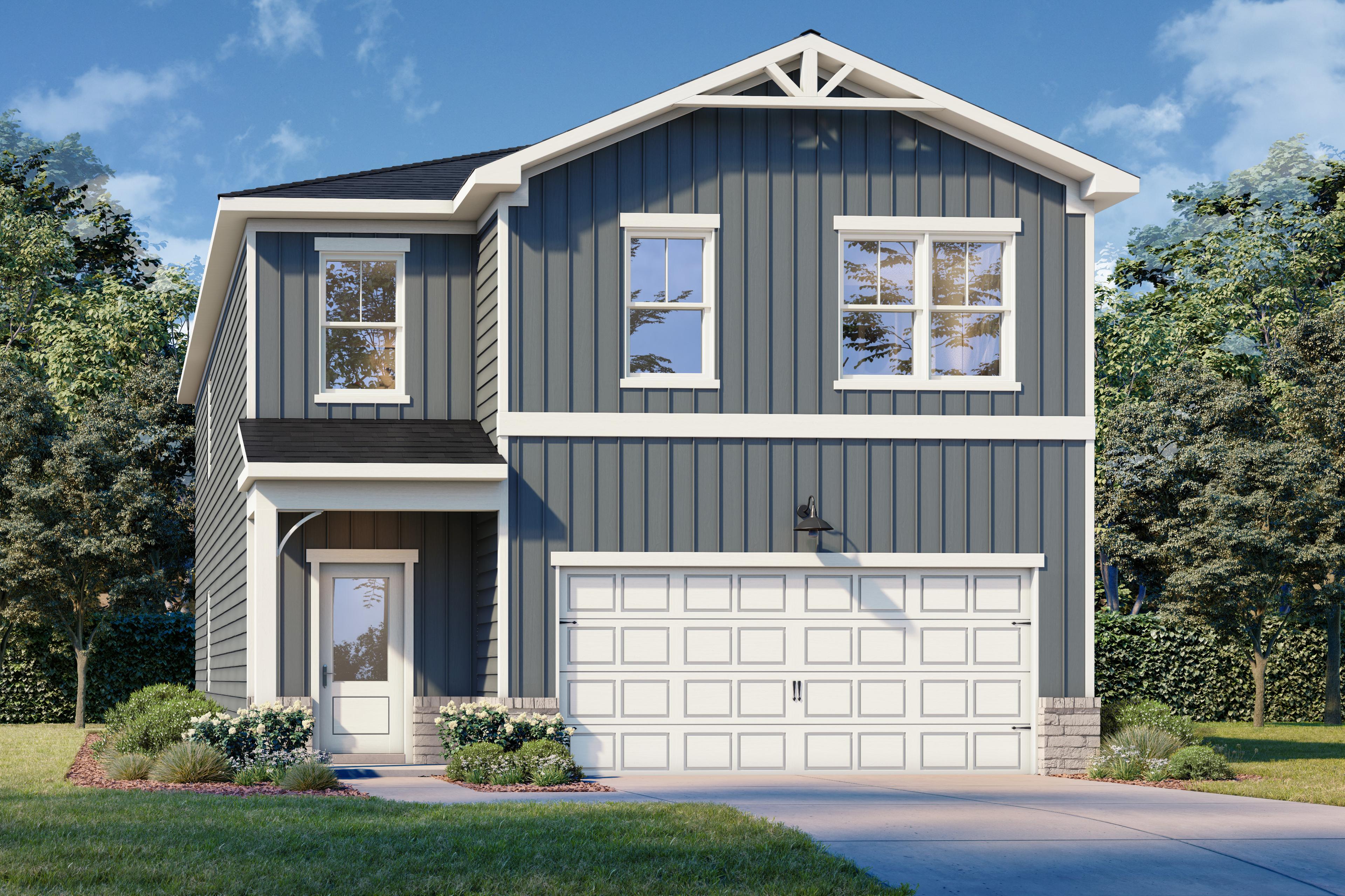 Two-story The Rabun C home elevation with gray siding, black roof, two-car garage, and front porch amid trees in Canton, Georgia