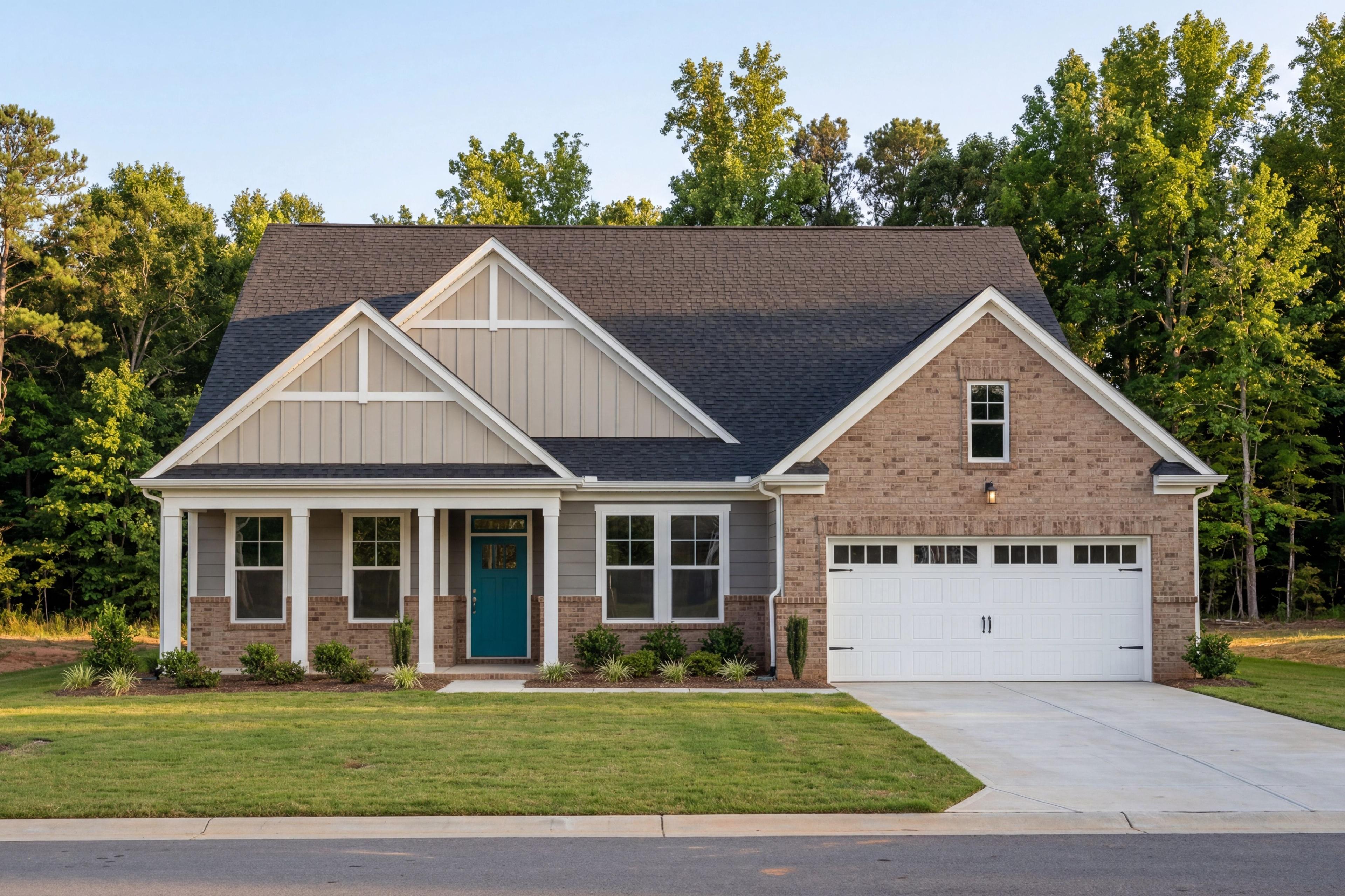 Modern The Magnolia A single-story home featuring brick and vinyl exterior, gabled roof, covered porch, and 2-car garage in Holly Springs NC