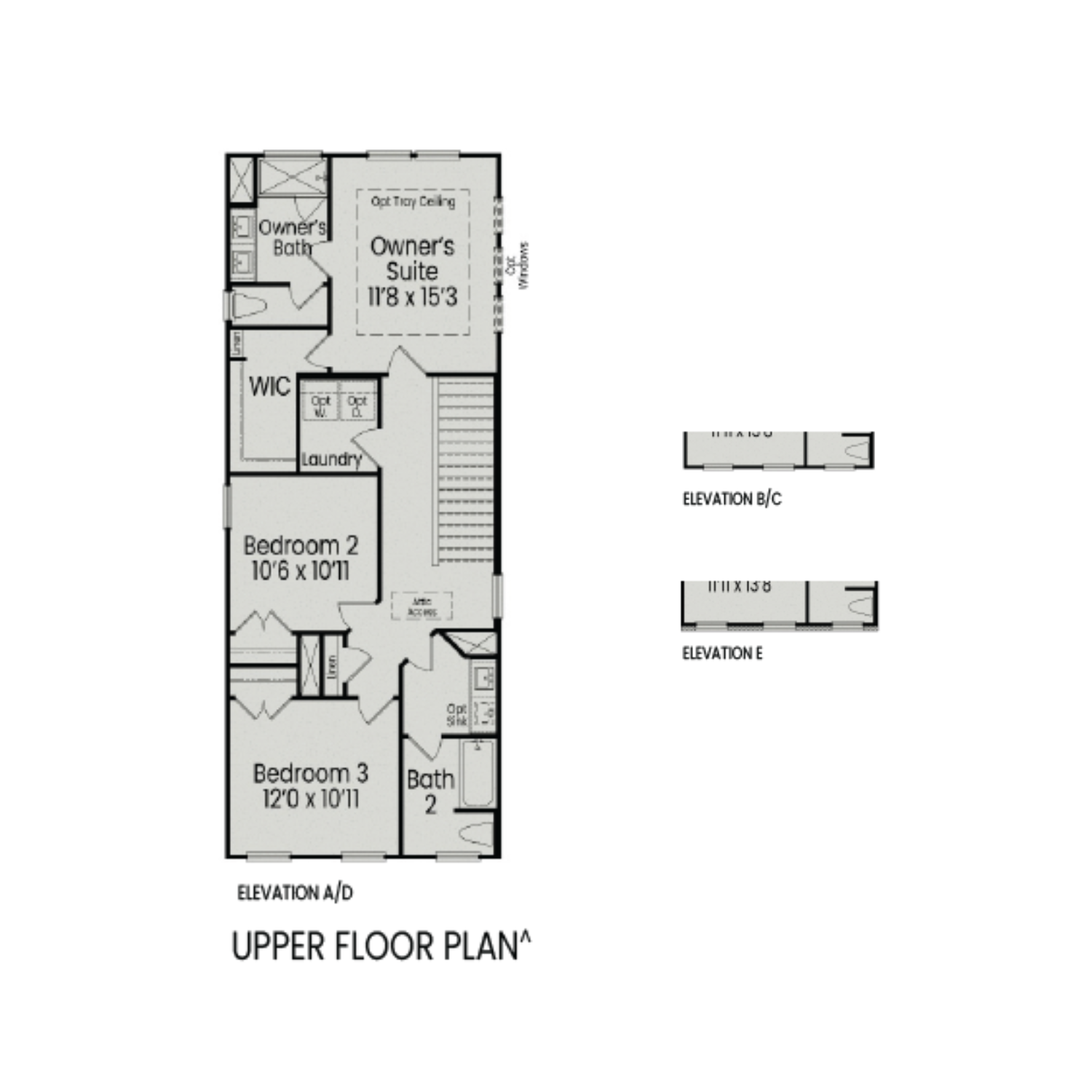 Upper floor plan of The Alexander C showcasing owner's suite with bath, WIC, laundry, Bedroom 2, and Bath 2 in Knightdale NC home