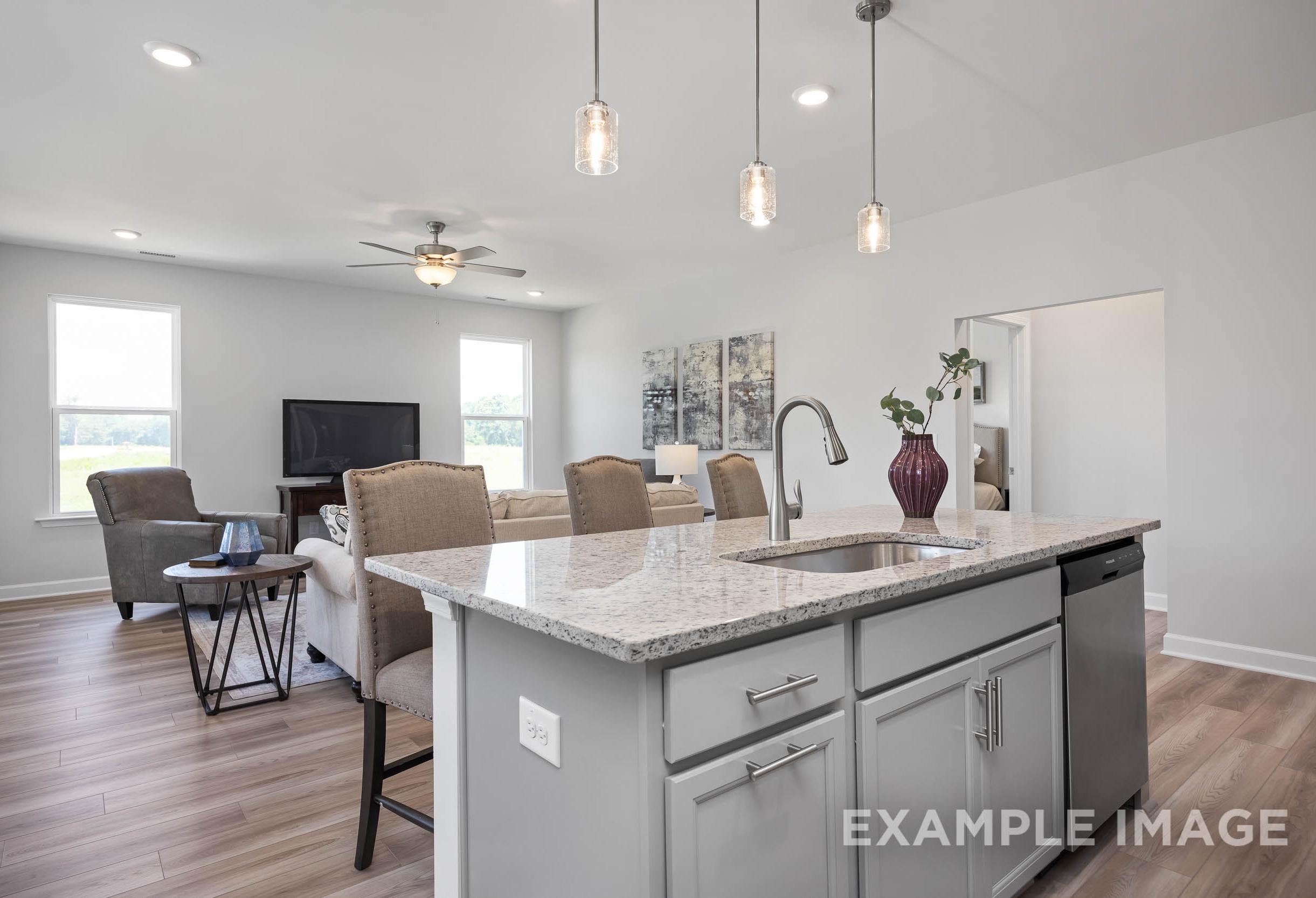 Spacious open-concept kitchen and living room in The Daphne C, featuring granite island, pendant lights, and cozy seating by Davidson Homes