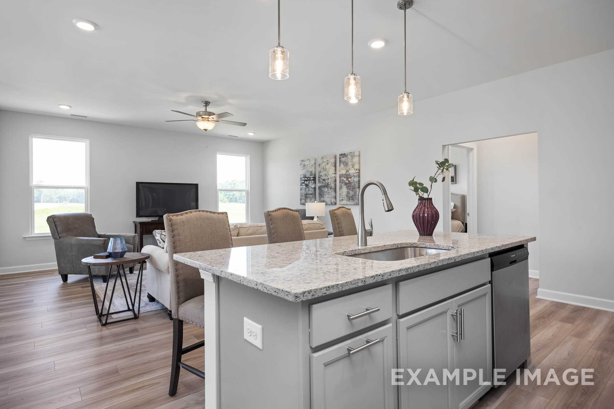 Spacious open-concept kitchen and living room in The Daphne C, featuring granite island, pendant lights, and cozy seating by Davidson Homes