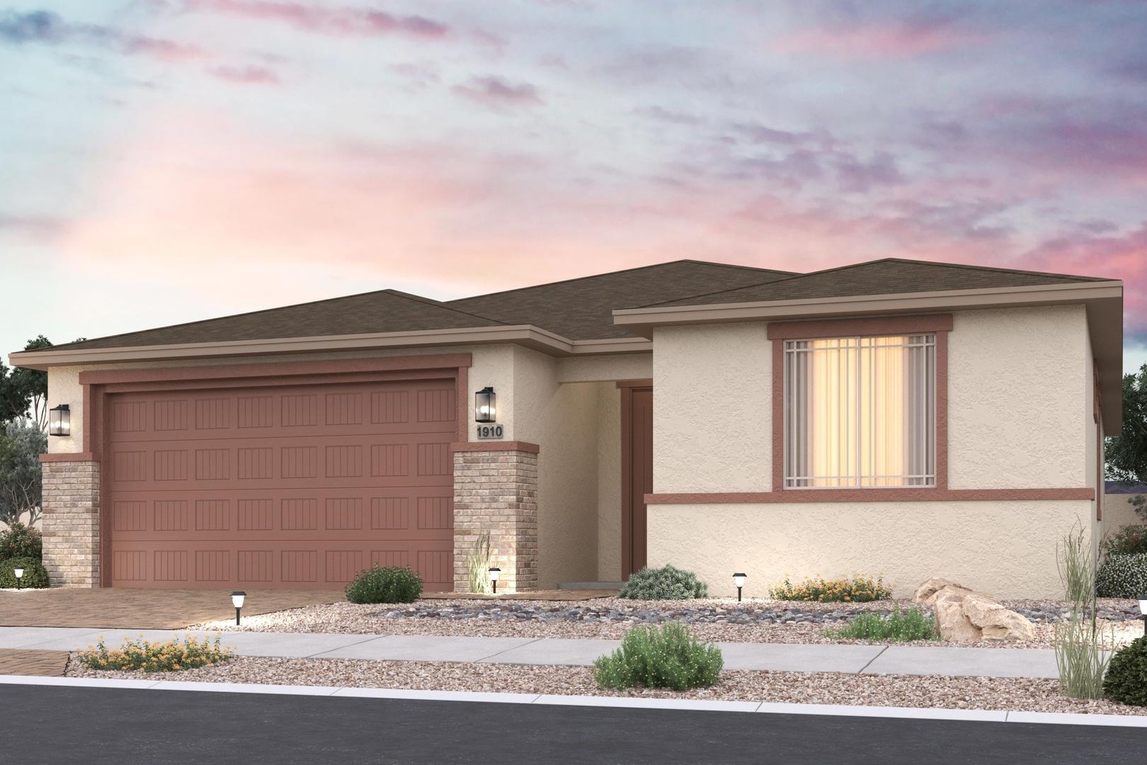 The Inspiration C single-story home elevation with beige stucco, stone accents, 2-car garage, and desert landscaping at sunset in Prescott Valley