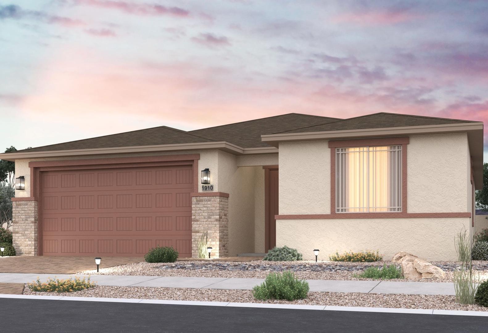 Twilight elevation of The Inspiration single-story home with stucco siding, stone accents, 2-car garage, and desert landscaping in Prescott Valley