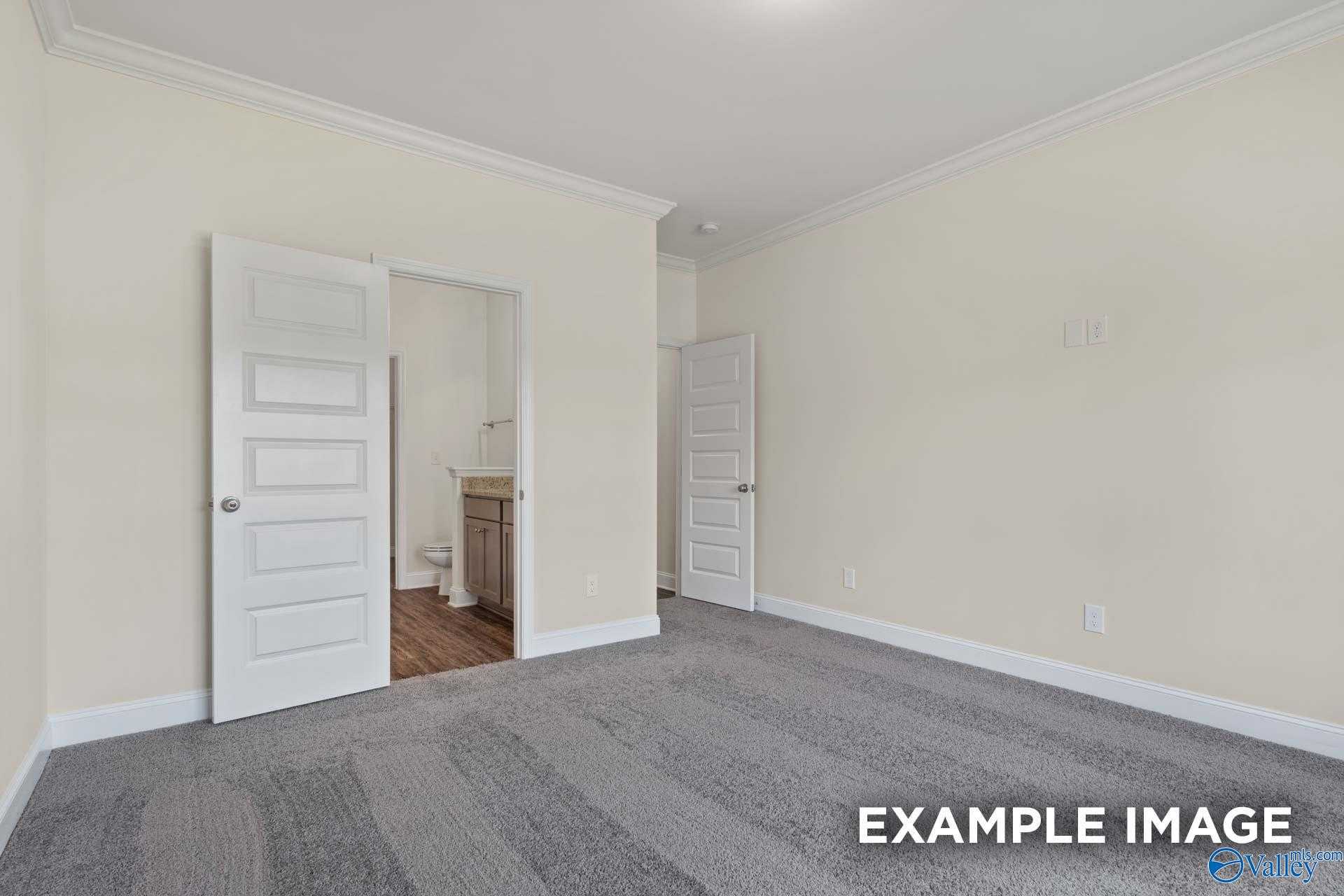 Bright master bathroom with open double doors, vanity sink, and toilet in The Asheville floor plan by Davidson Homes, Arab, Alabama