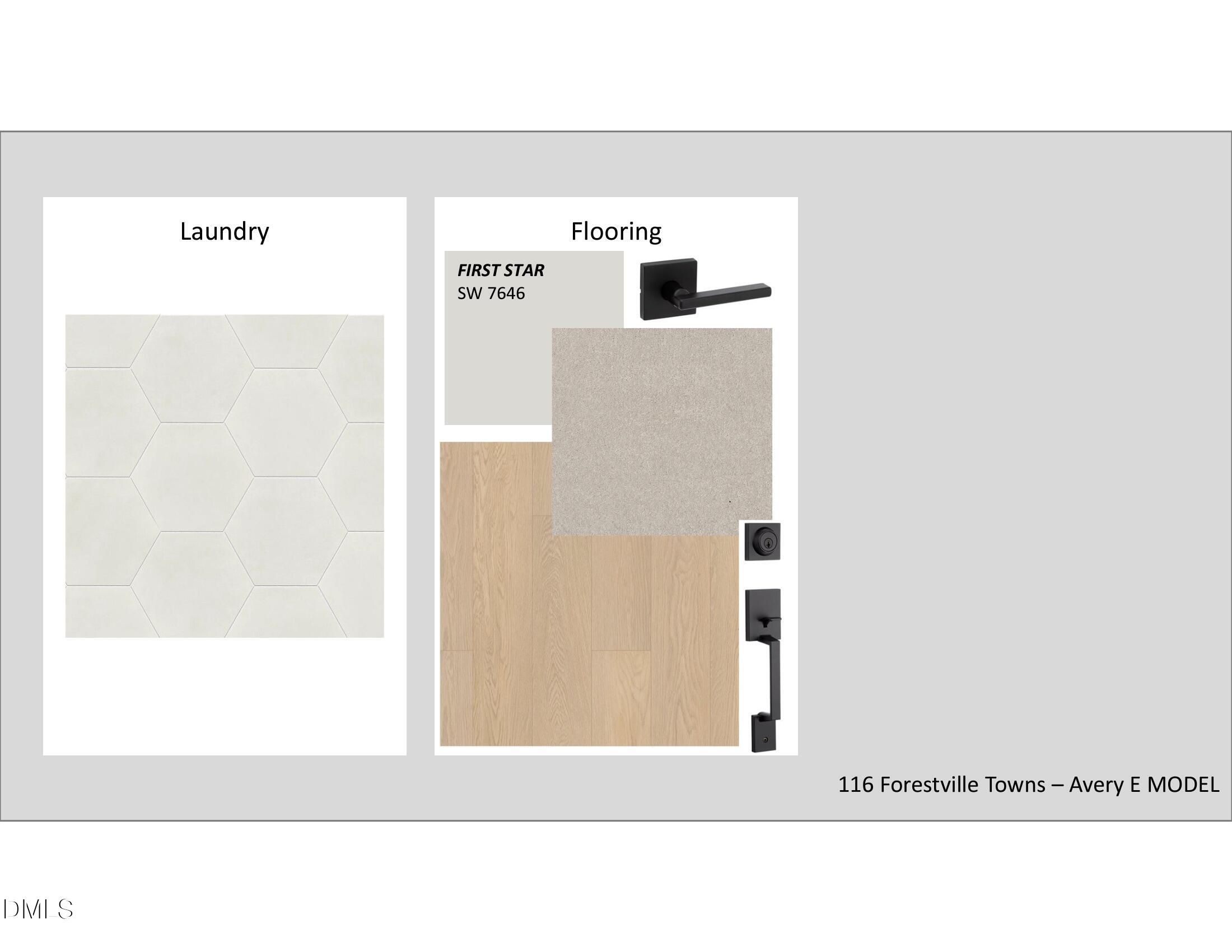 Hexagonal white laundry tiles, light oak first floor flooring, SW 7464 paint swatch, black door hardware in Avery model townhome, Forestville Towns, Knightdale NC