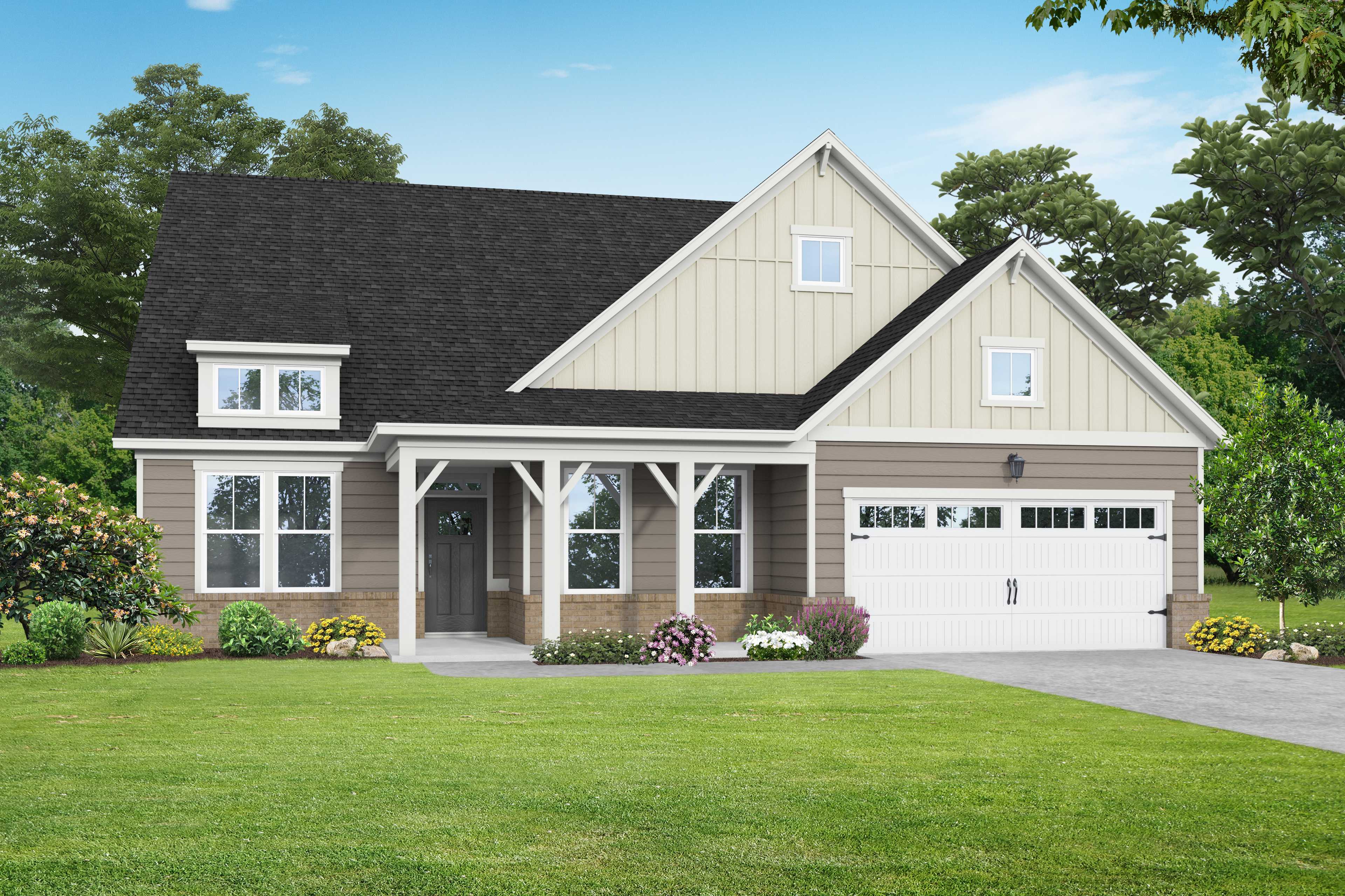 Charming one-story elevation of The Magnolia A with craftsman siding, dark gabled roof, covered porch, and 2-car garage amid lush landscaping