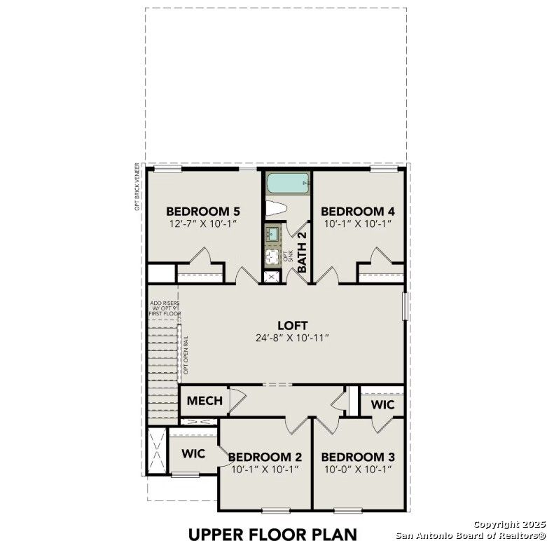 Upper floor plan of The Brazos C: loft, bedrooms 3-5, full/half baths, walk-in closet in 5-bed Davidson Homes, Applewhite Meadows, San Antonio