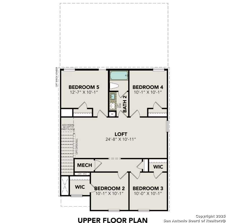 Upper floor plan of The Brazos C: loft, bedrooms 3-5, full/half baths, walk-in closet in 5-bed Davidson Homes, Applewhite Meadows, San Antonio