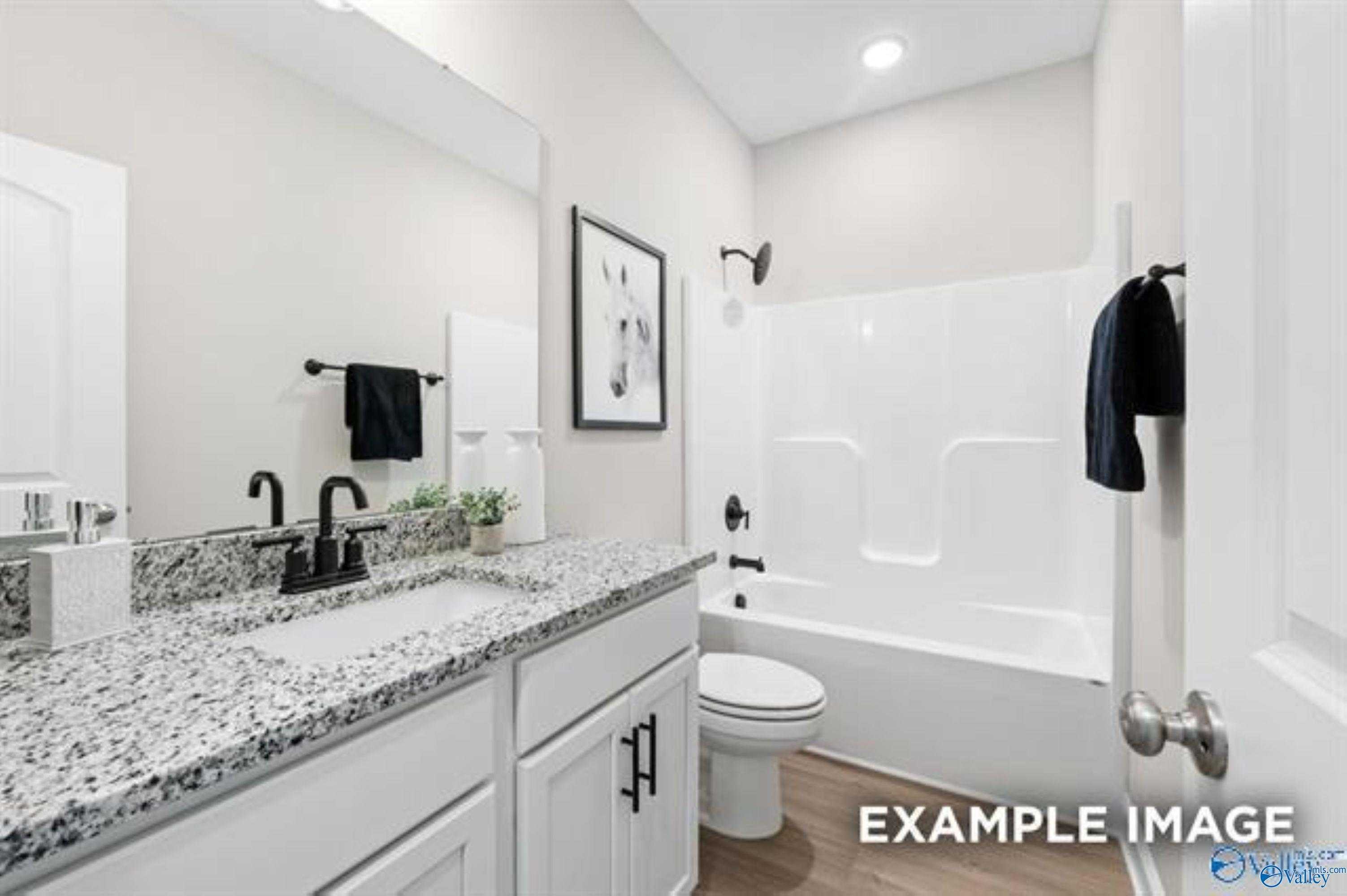 Bright modern bathroom with granite vanity, white tub-shower combo, sleek black fixtures in Davidson Homes The Asheville, Owens Cross Roads, Alabama