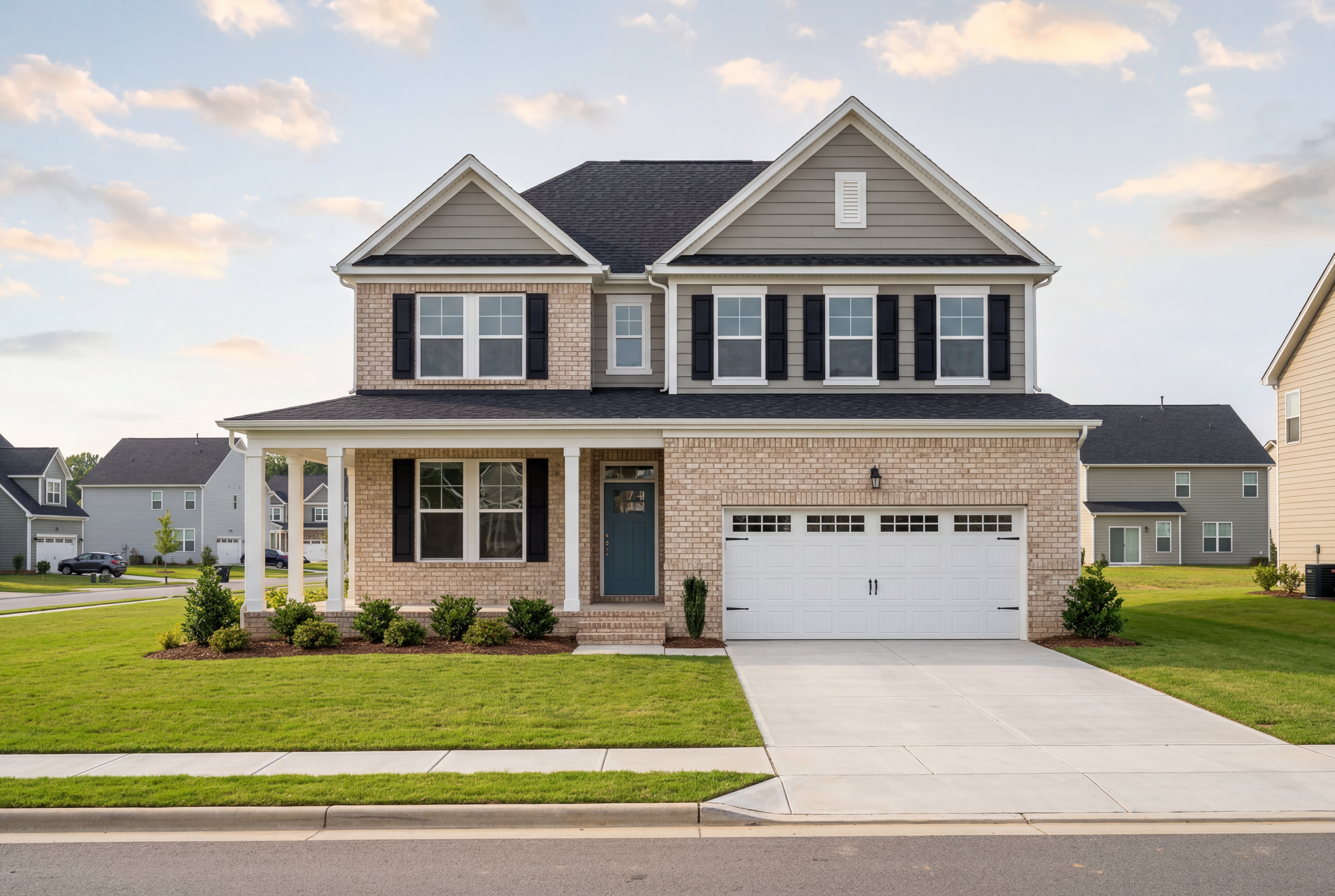 Two-story The Willow F home elevation with brick siding, gabled roof, columned porch, and two-car garage in Wake Forest NC