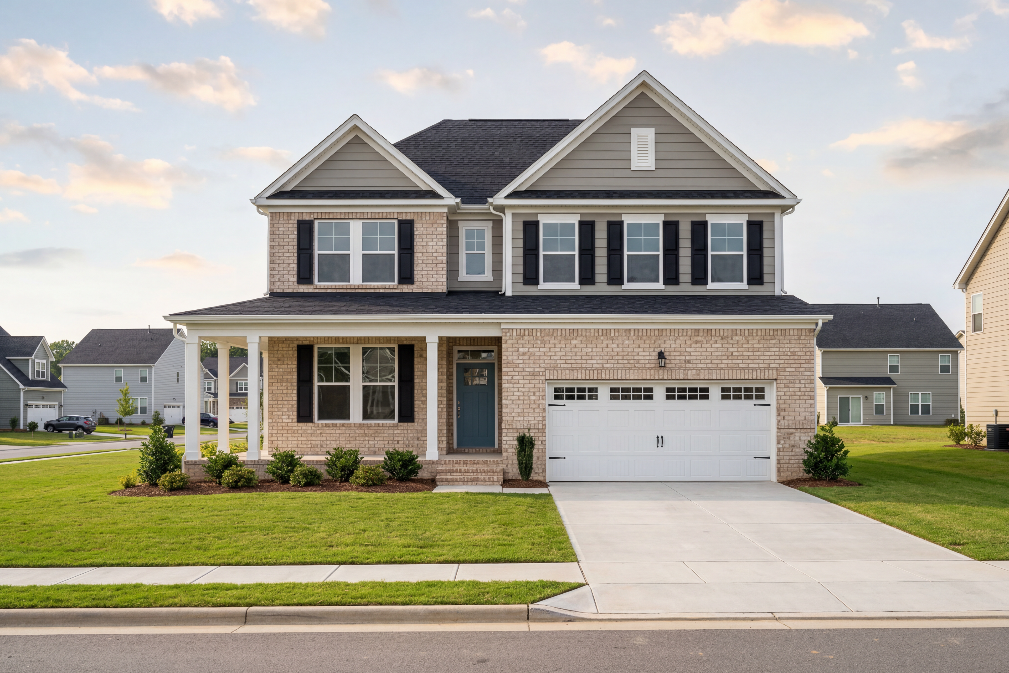 Two-story The Willow F home elevation with brick siding, gabled roof, columned porch, and two-car garage in Wake Forest NC