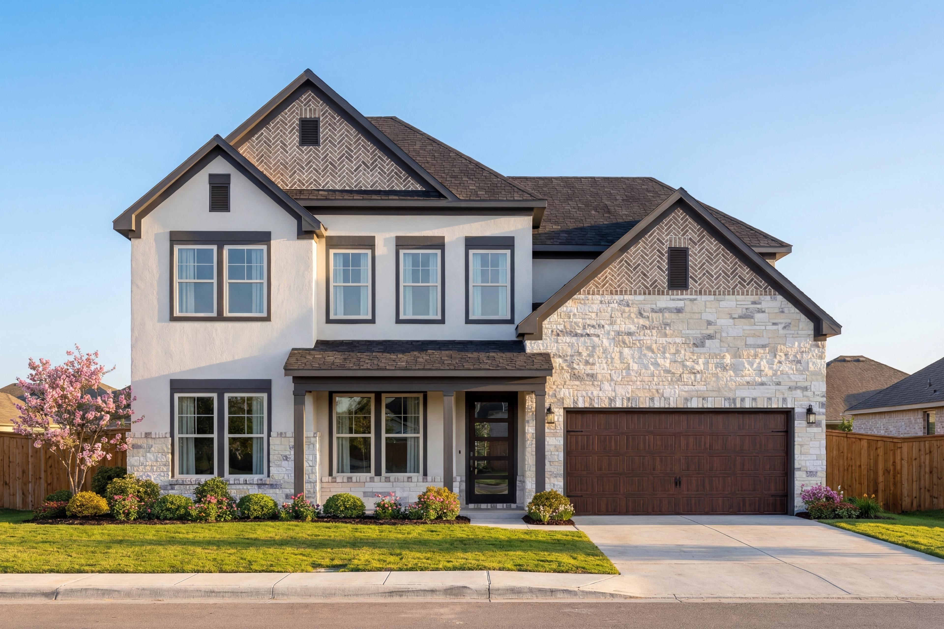 Modern 2-story Belmont H home elevation with white siding, stone accents, dark trim, 2-car garage, and landscaped front yard