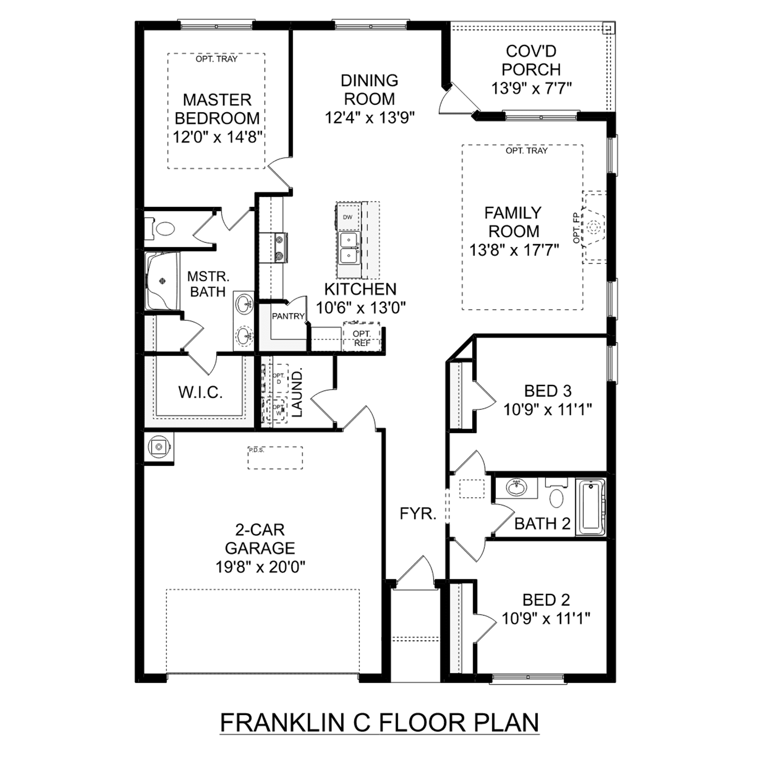 The Franklin floor plan: 3-bedroom, 2-bath single-story layout with master suite, open kitchen, family room, and 2-car garage